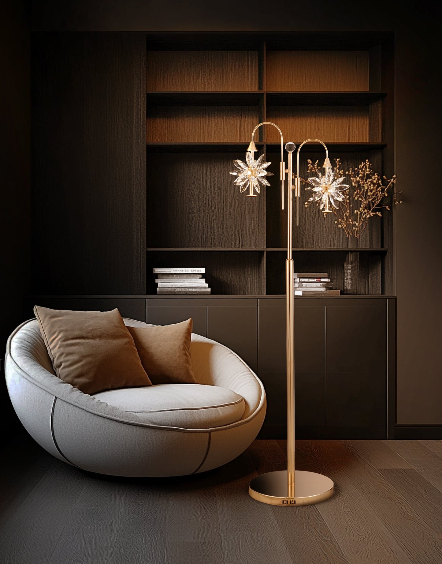 Gold LED crystal floor lamp next to modern sofa interior
