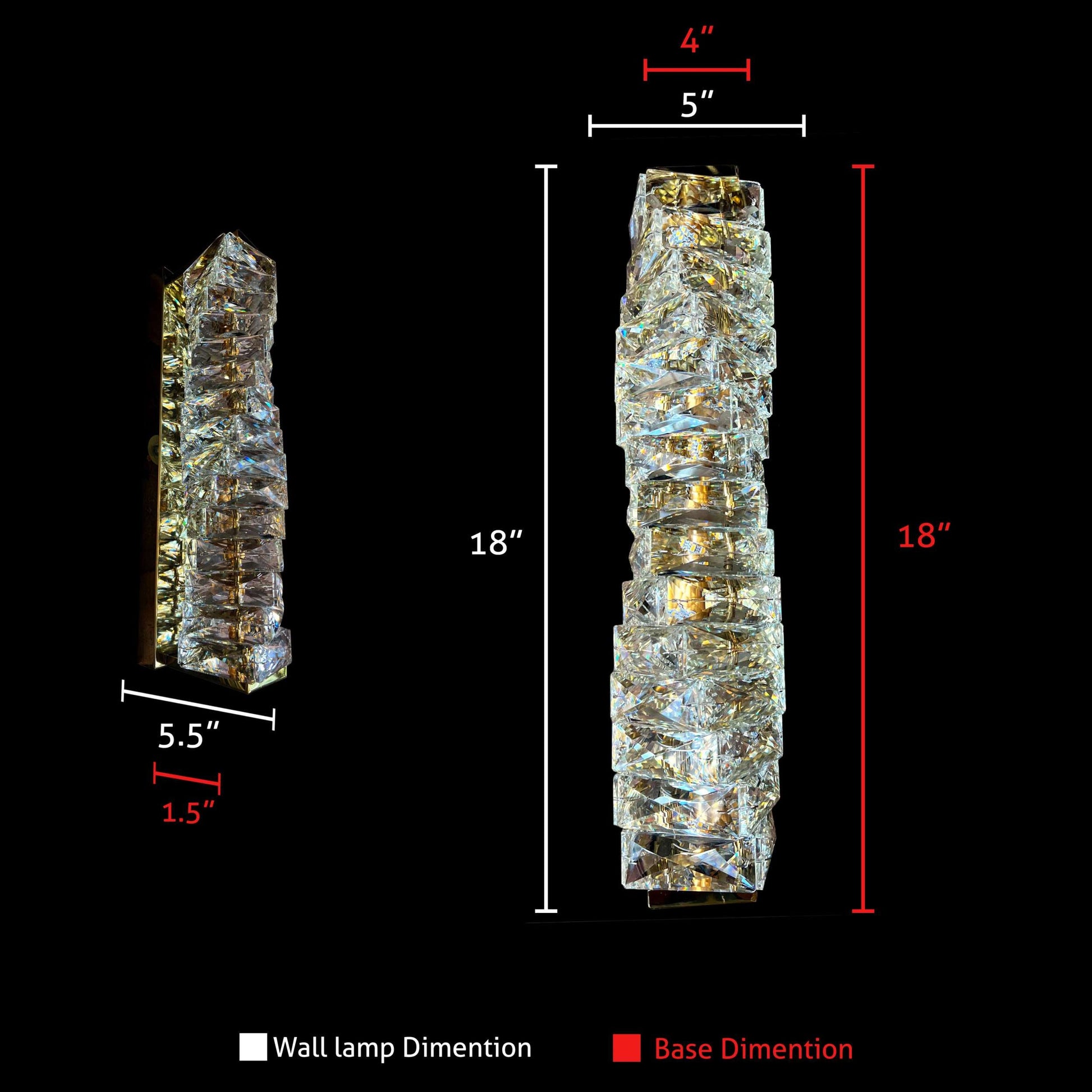 Dimensions diagram of gold crystal LED wall sconce