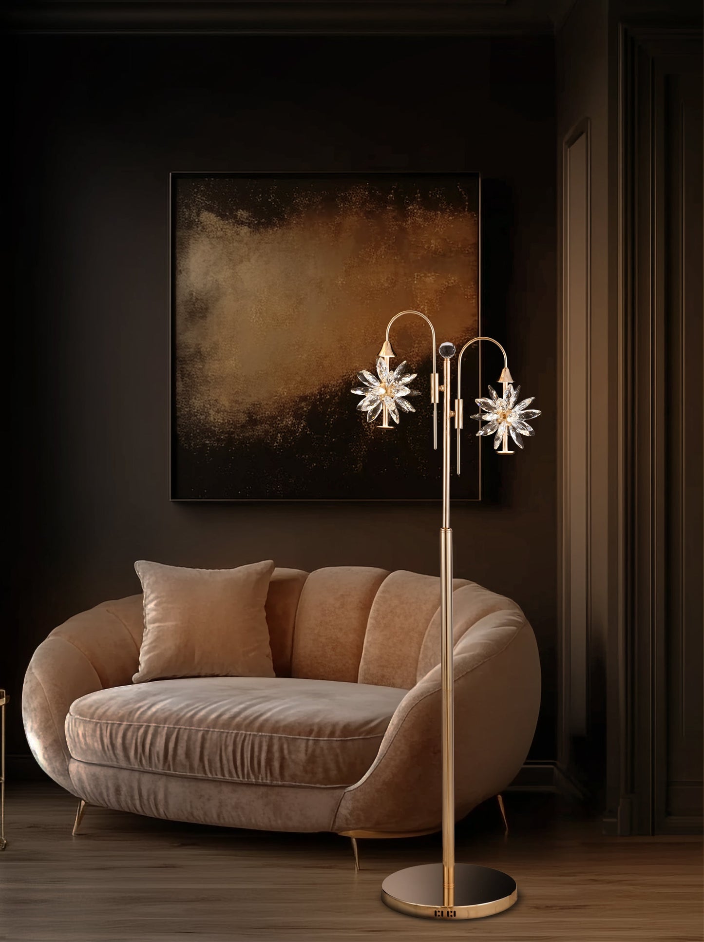 A luxurious gold LED floor lamp with a crystal starburst design, featuring a wide base and adjustable lighting colors, placed in a room with a sofa and a framed picture on the wall.