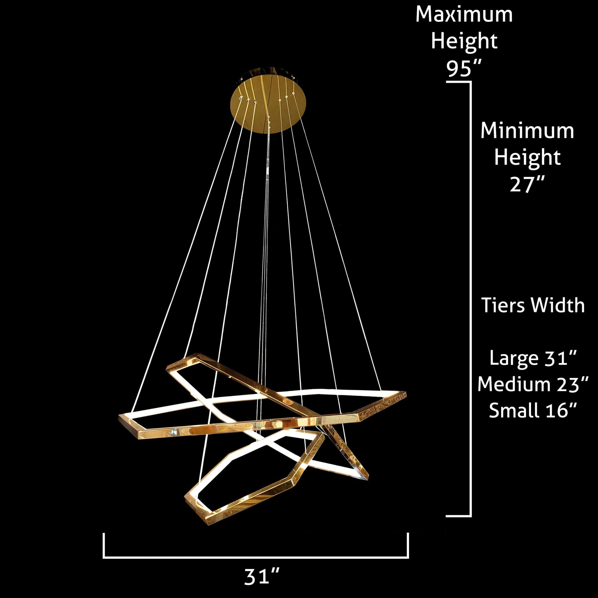 Dimension diagram 31"  of gold geometric LED chandelier