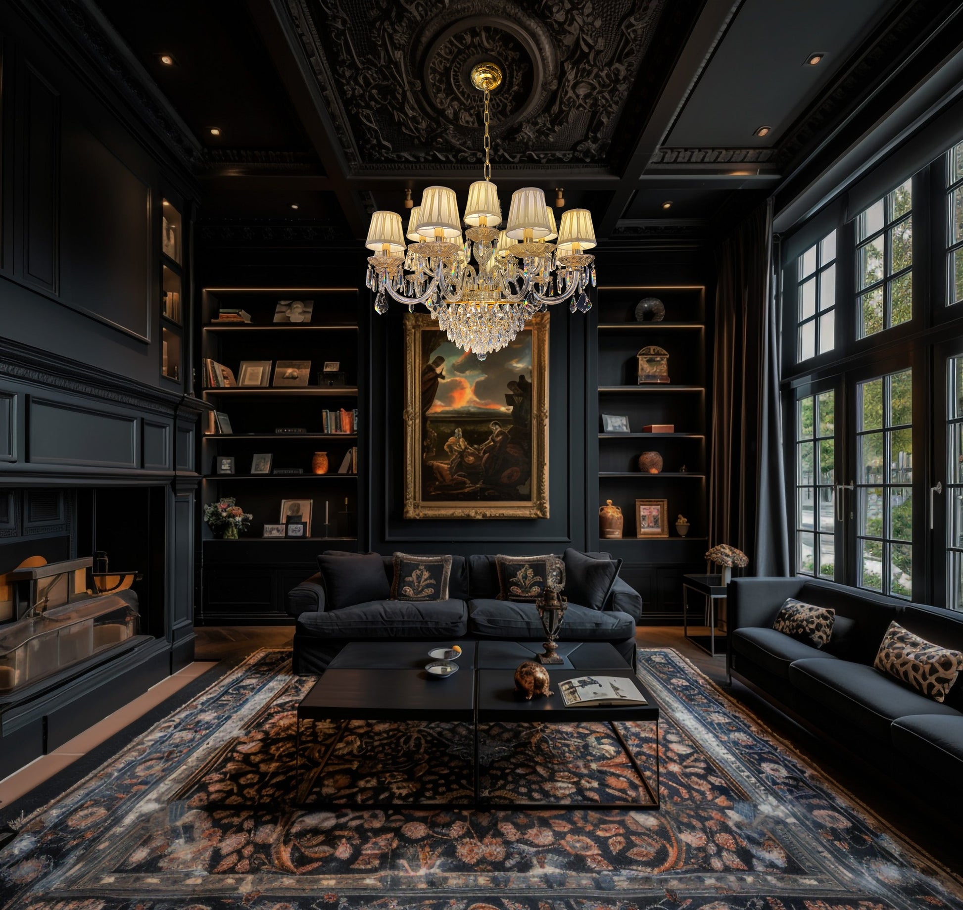 Classic gold crystal chandelier with fabric shades illuminating a luxurious living room setting
