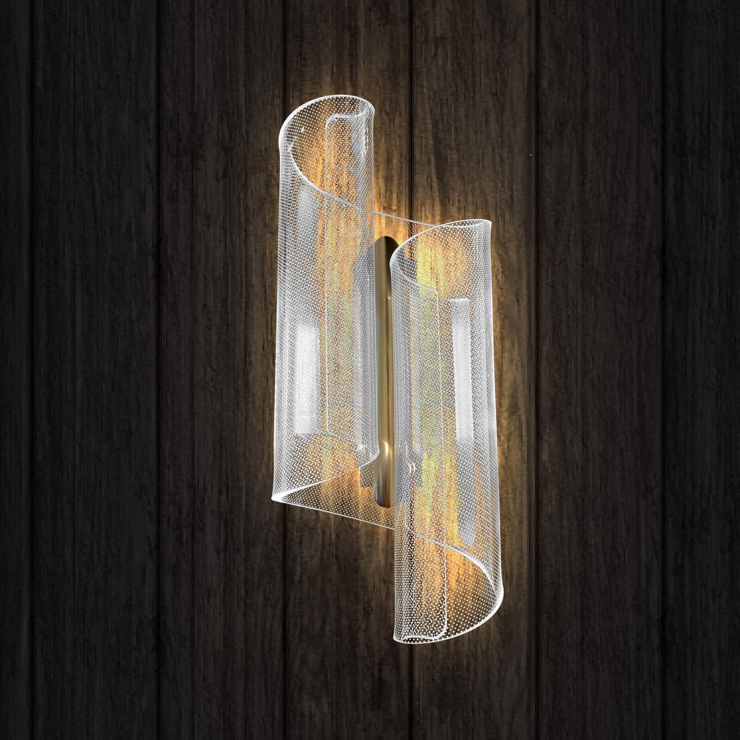Modern wall sconce with a metallic finish on a dark wooden background