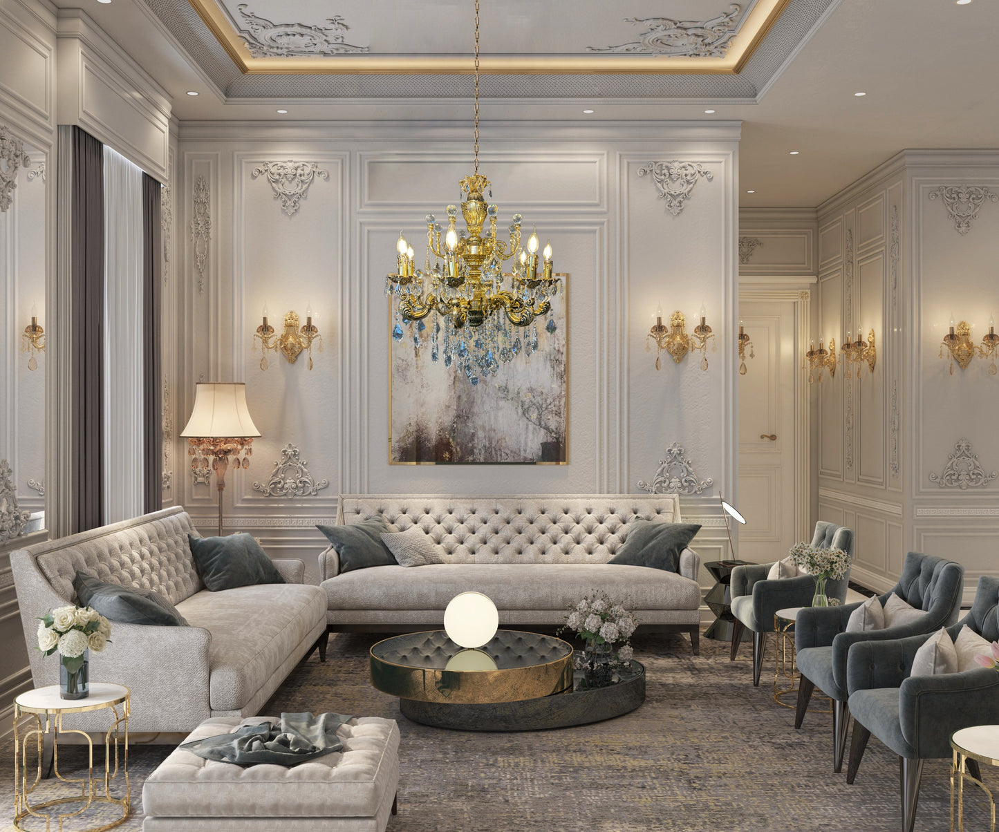 Elegant handcrafted brass crystal chandelier over caffe table