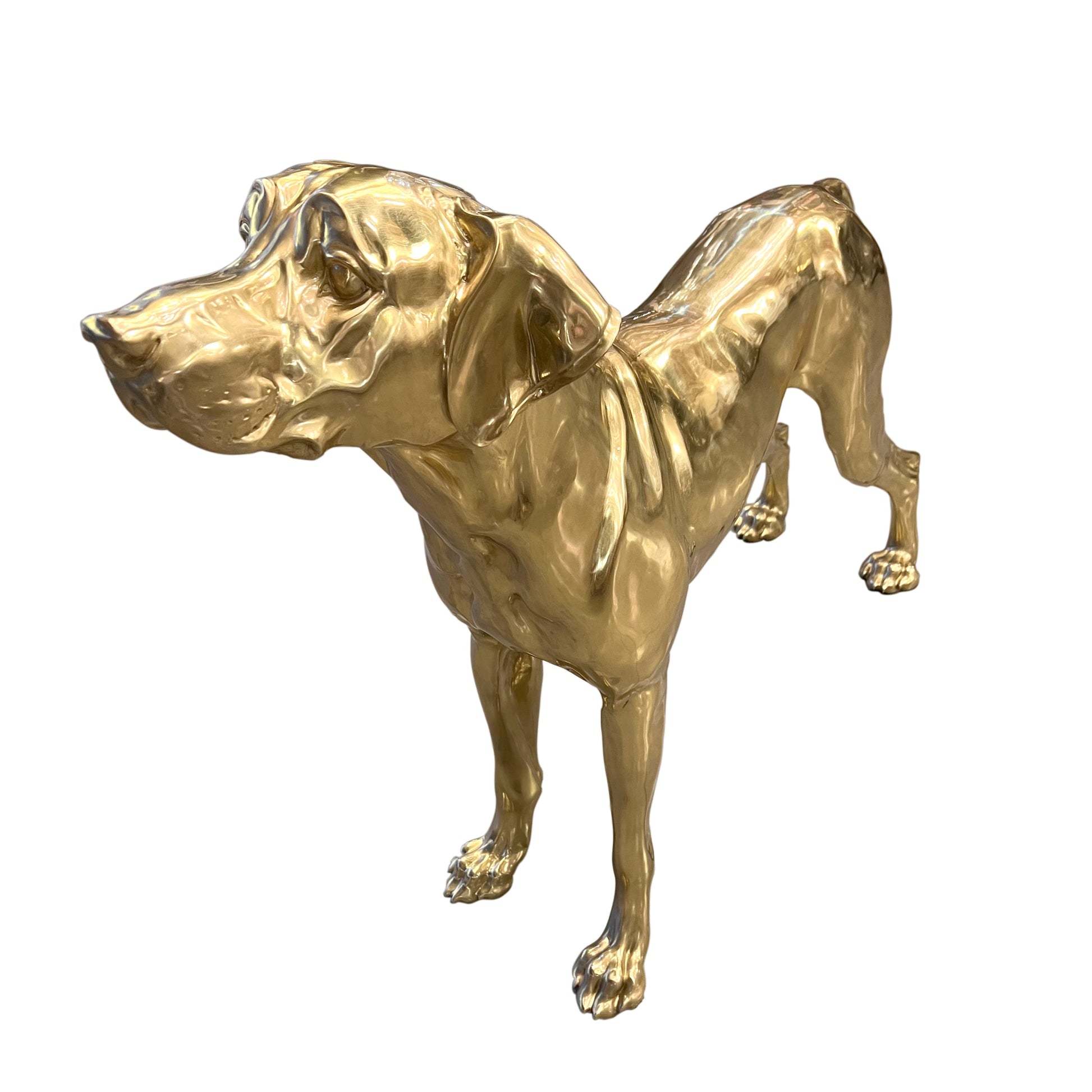 Clean studio shot of the handcrafted Italian solid brass pointer-dog-sculpture in gold.