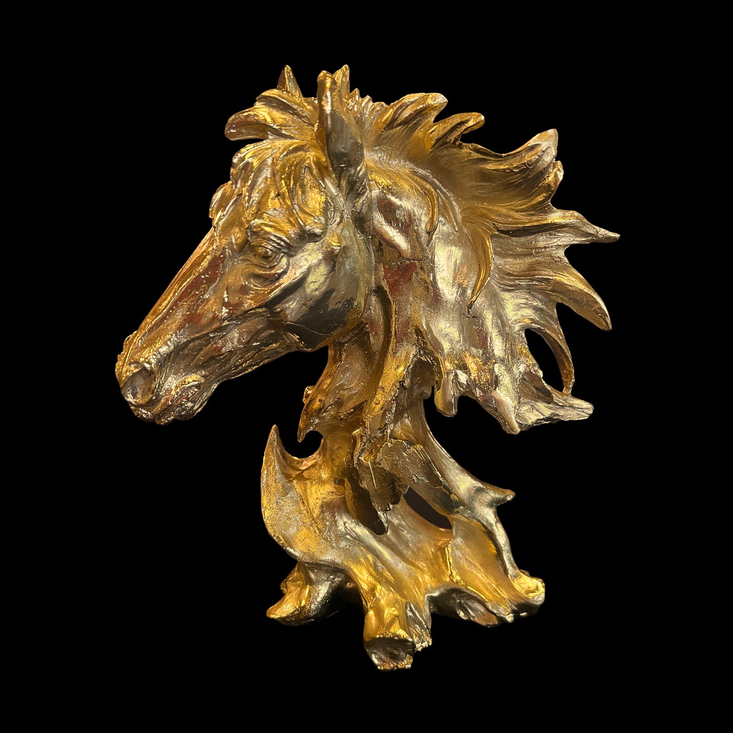Professional handcrafted Italian solid brass horse head sculpture with a polished gold finish.