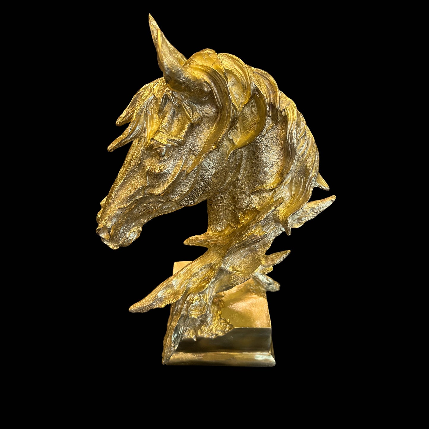 Luxury Italian handcrafted solid brass horse head sculpture with a polished gold finish, displaying elegant equestrian artistry.