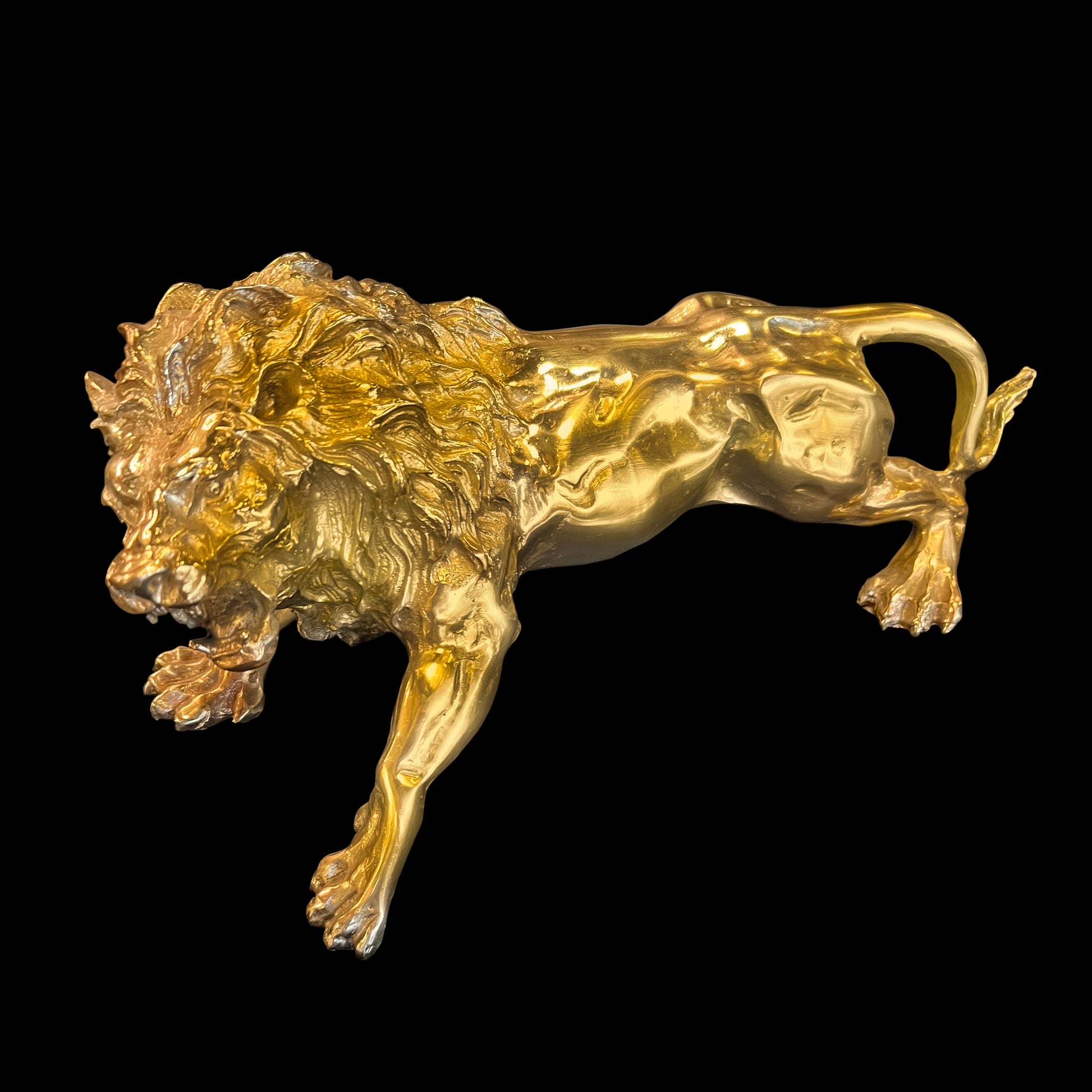Luxury handcrafted solid brass roaring lion sculpture with a polished gold finish, Italy.