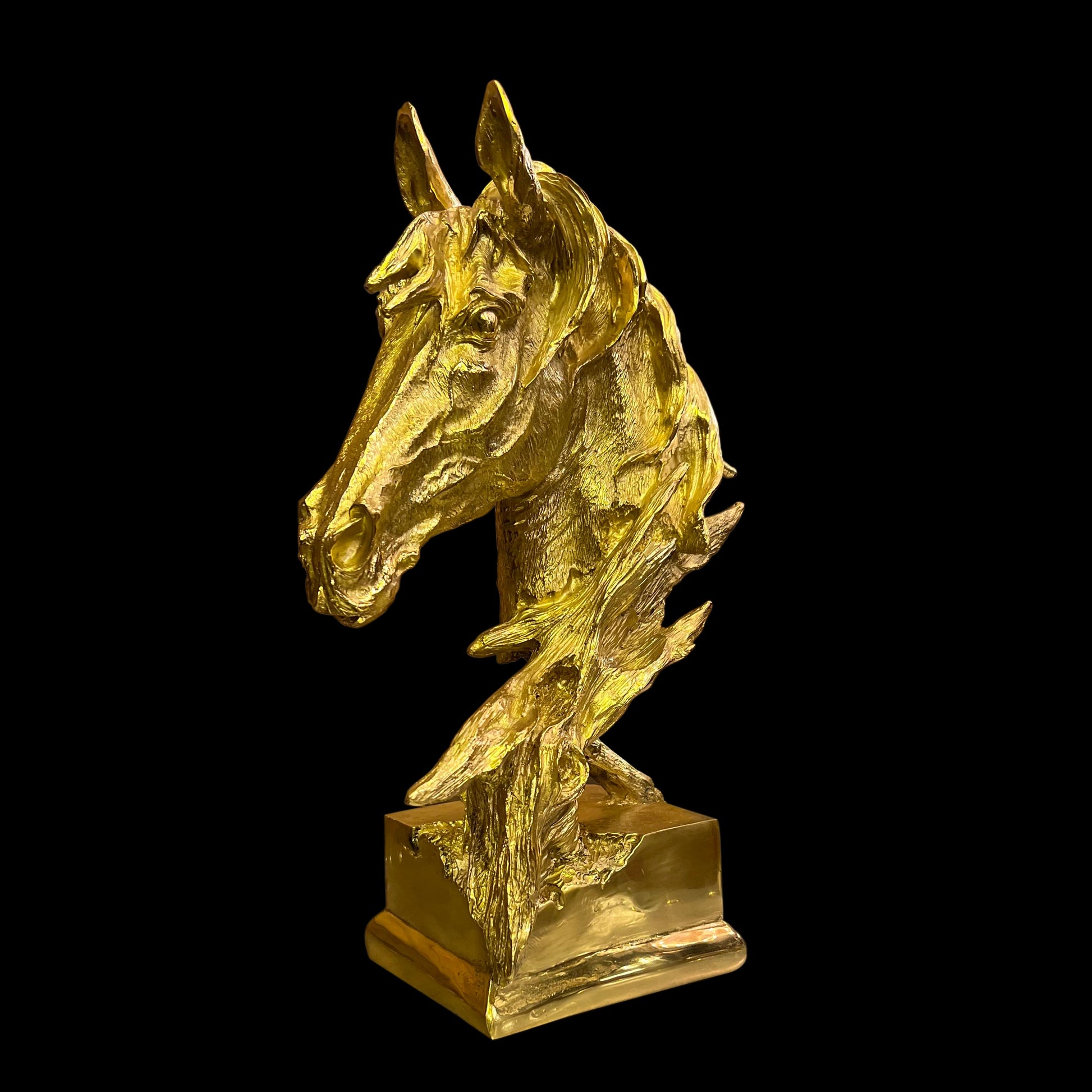  Luxury Italian handcrafted solid brass horse head sculpture with a polished gold finish.