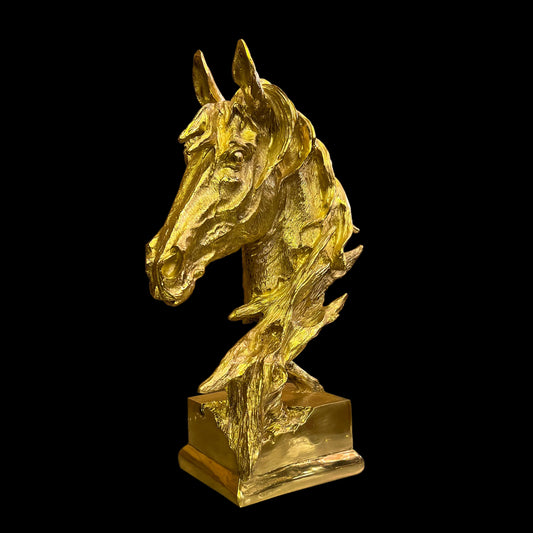  Luxury Italian handcrafted solid brass horse head sculpture with a polished gold finish.