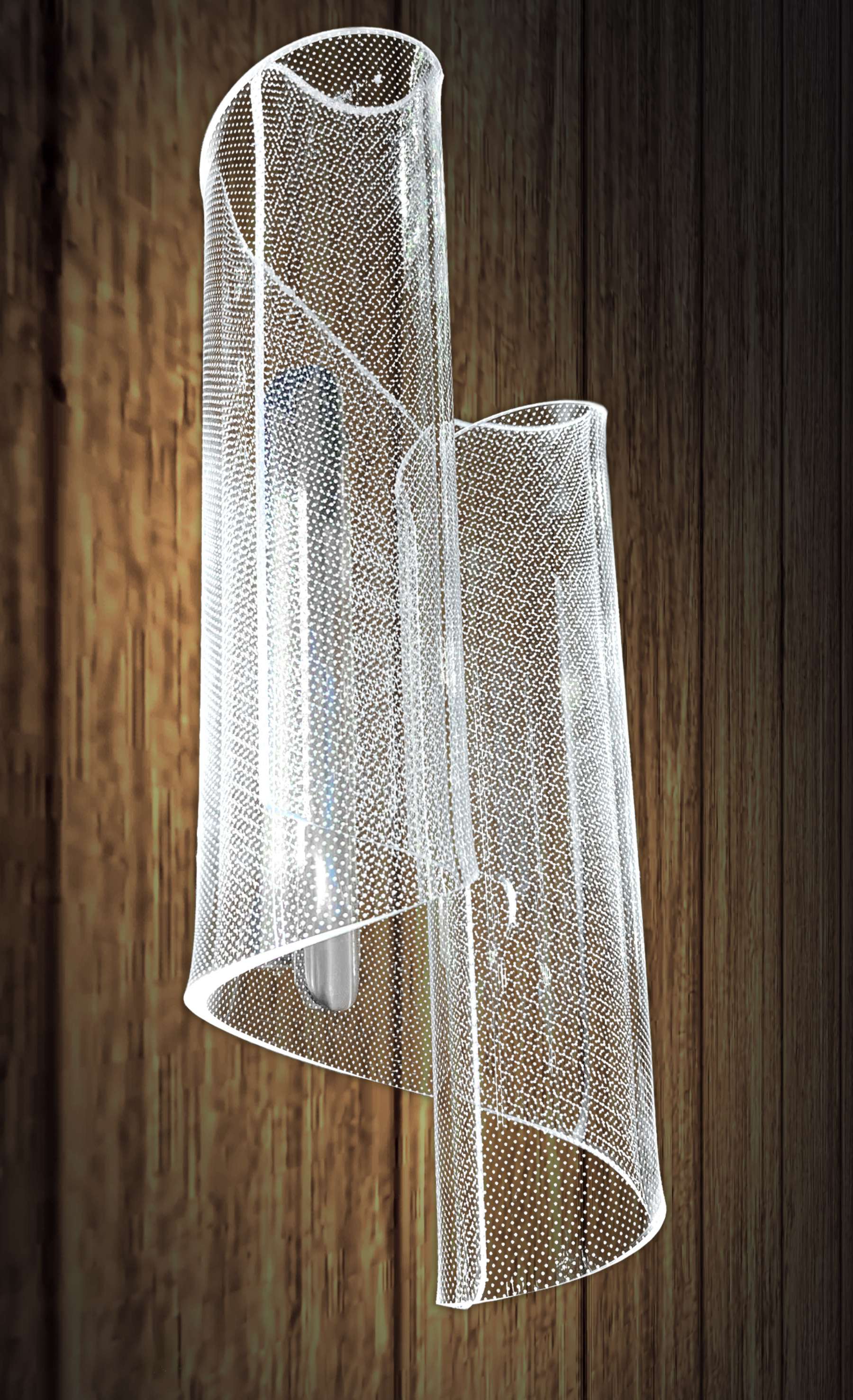 Decorative white mesh holder on a wooden background