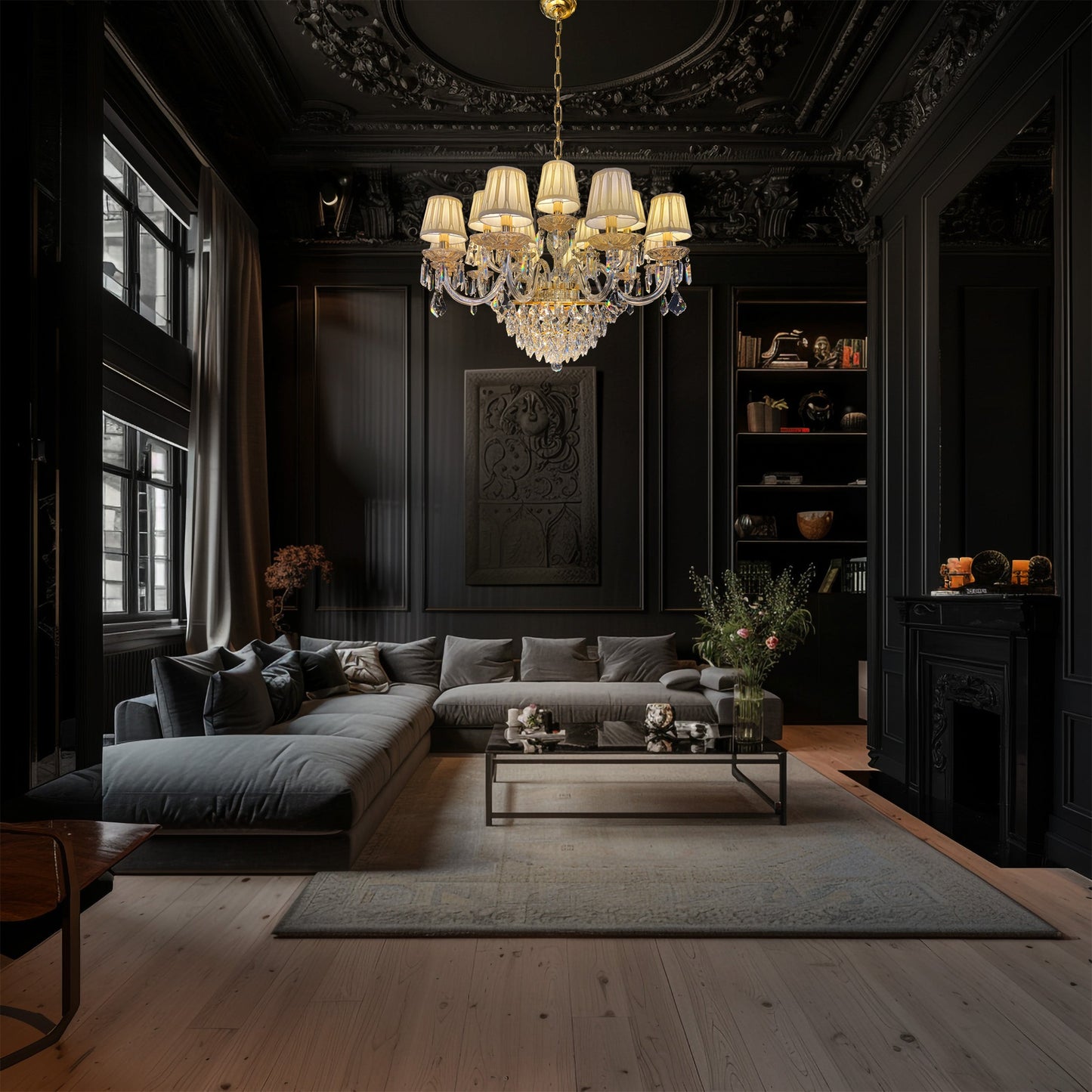  Dimmable gold crystal chandelier adding warm ambiance to a modern dark living room