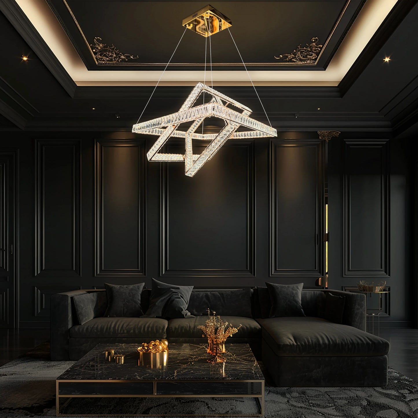 Elegant 3-tier crystal chandelier hanging in a luxury modern living room with dark interior design.