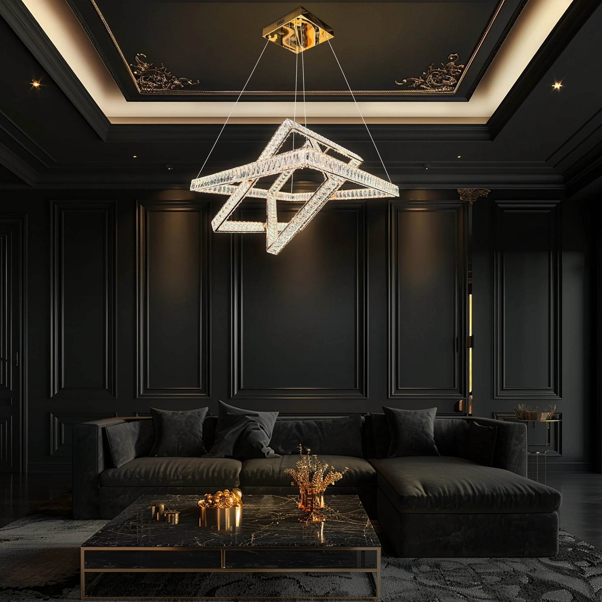 Elegant 3-tier crystal chandelier hanging in a luxury modern living room with dark interior design.