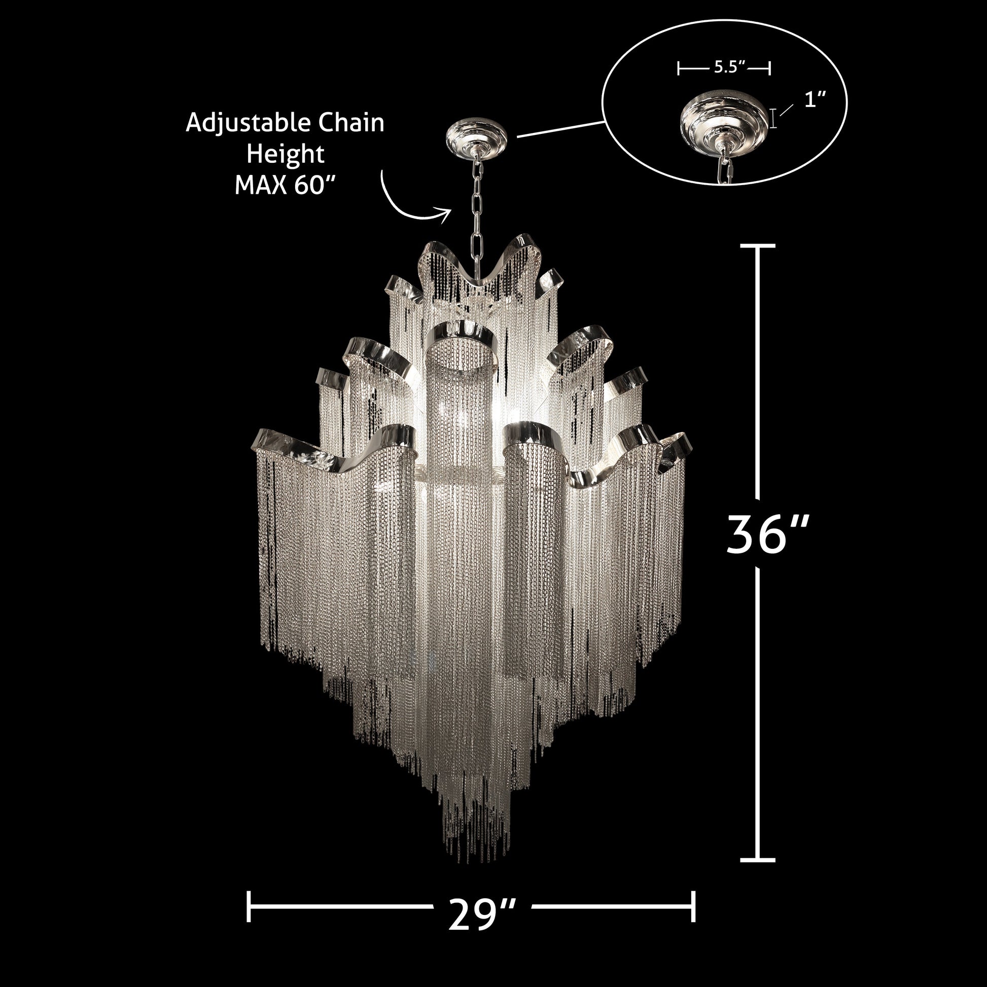 Dimension diagram of the luxury chrome chain chandelier showing 29 inch width and 36 inch height with adjustable hanging chain.