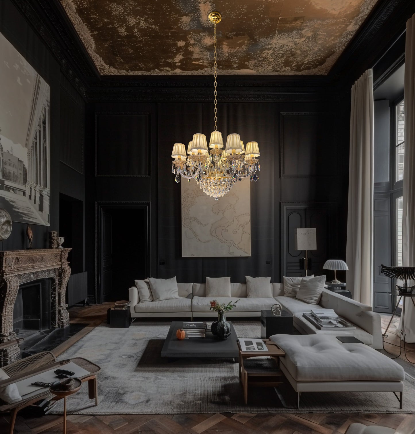 Elegant gold crystal chandelier with pleated fabric shades illuminating a classic living room with dark walls and refined décor.
