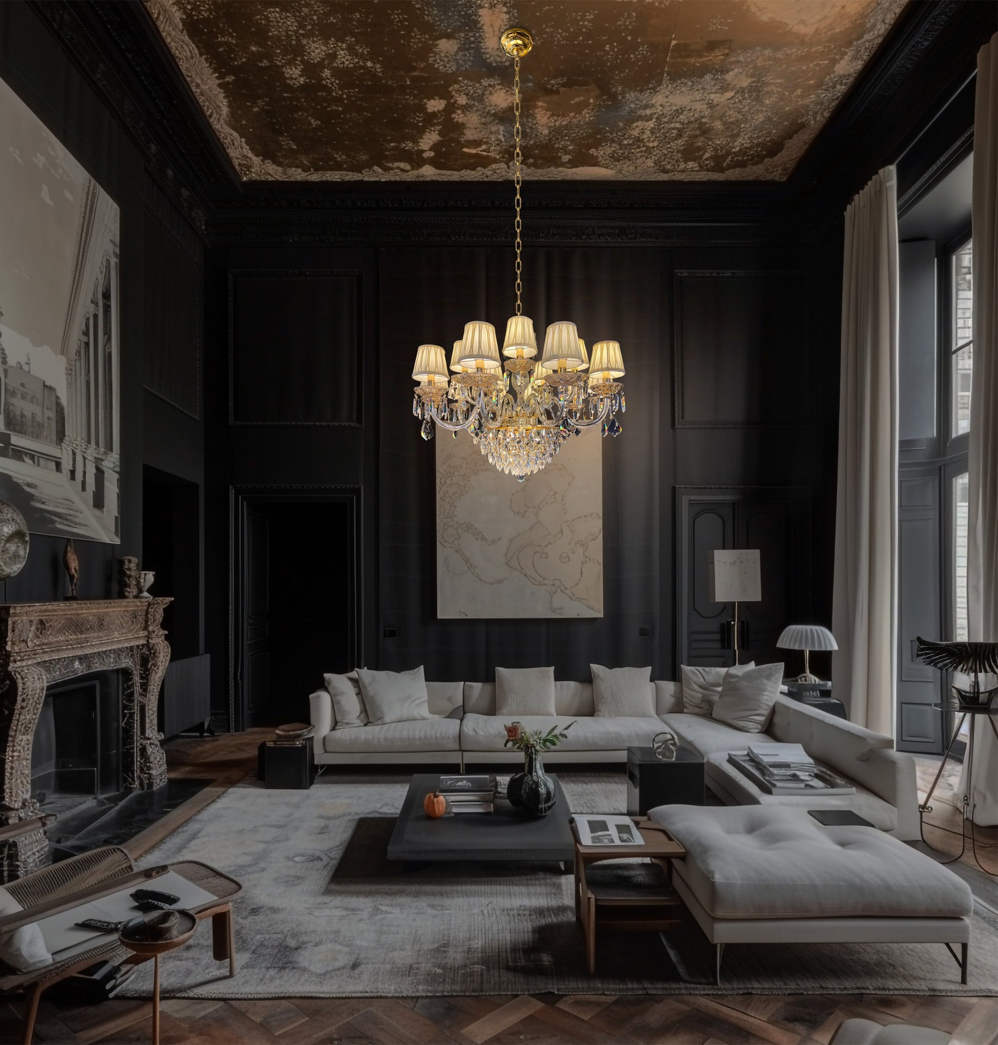 Elegant gold crystal chandelier with pleated fabric shades illuminating a classic living room with dark walls and refined décor.