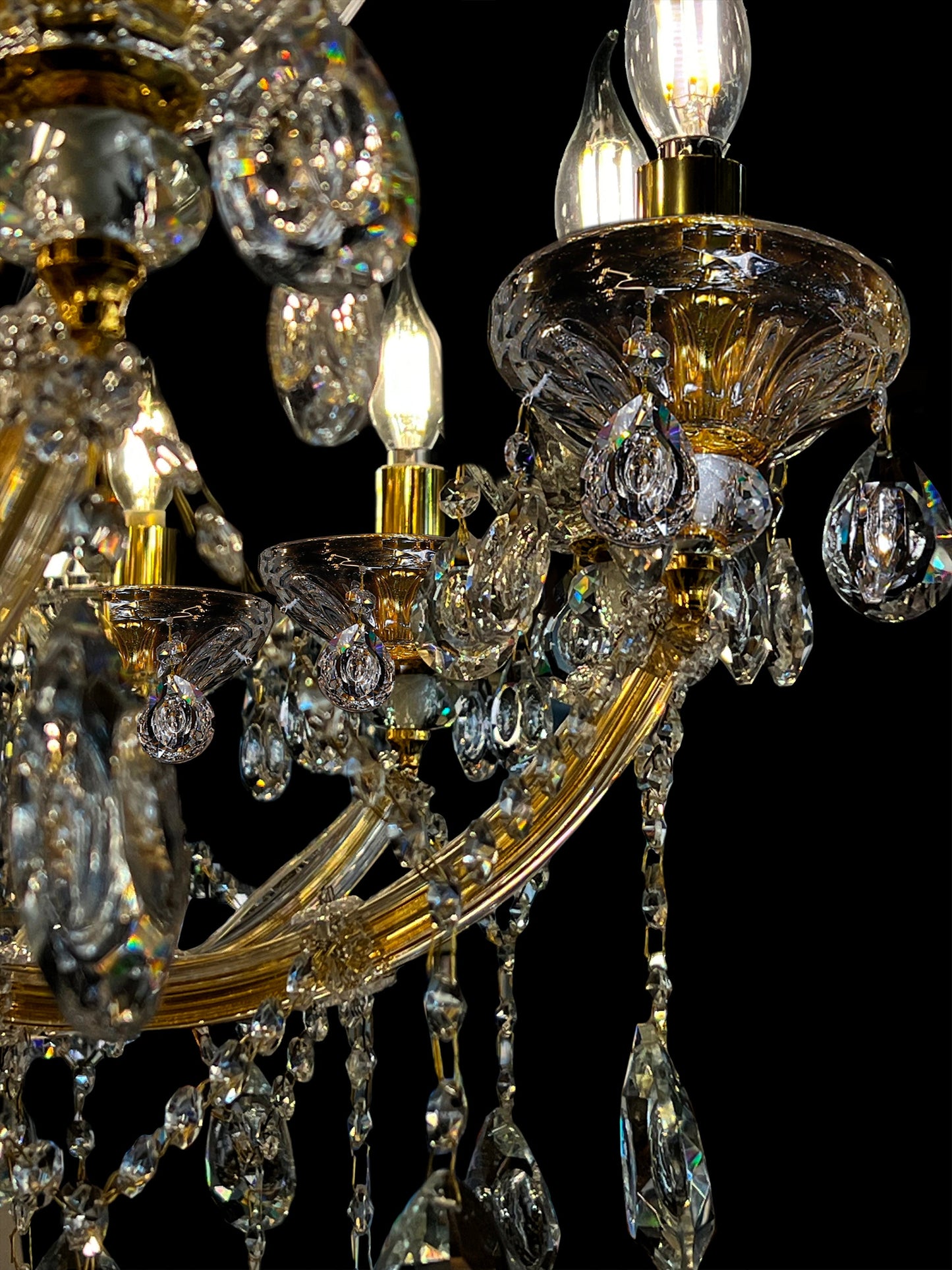 Hand-cut crystal detailing on Maria Theresa gold chandelier 45-inch