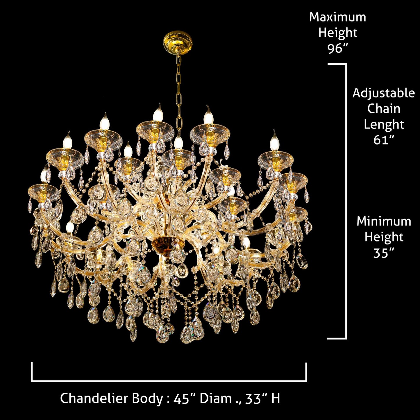 Maria Theresa gold chandelier 45-inch detailed dimension diagram