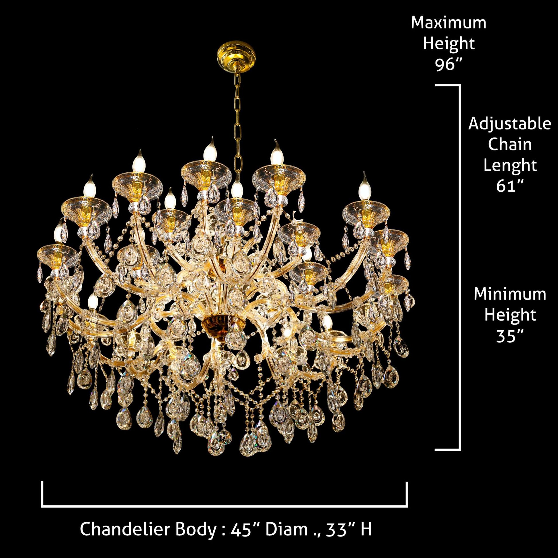 Maria Theresa gold chandelier 45-inch detailed dimension diagram