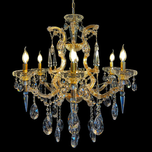 Maria Theresa gold crystal chandelier with full-lead teardrop crystals, main front view.

