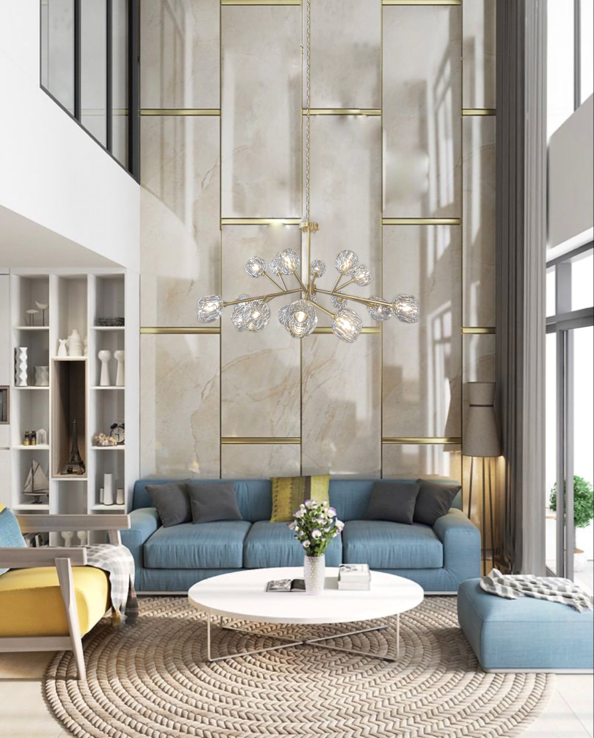 Modern brass chandelier with crystal globes in elegant living space
