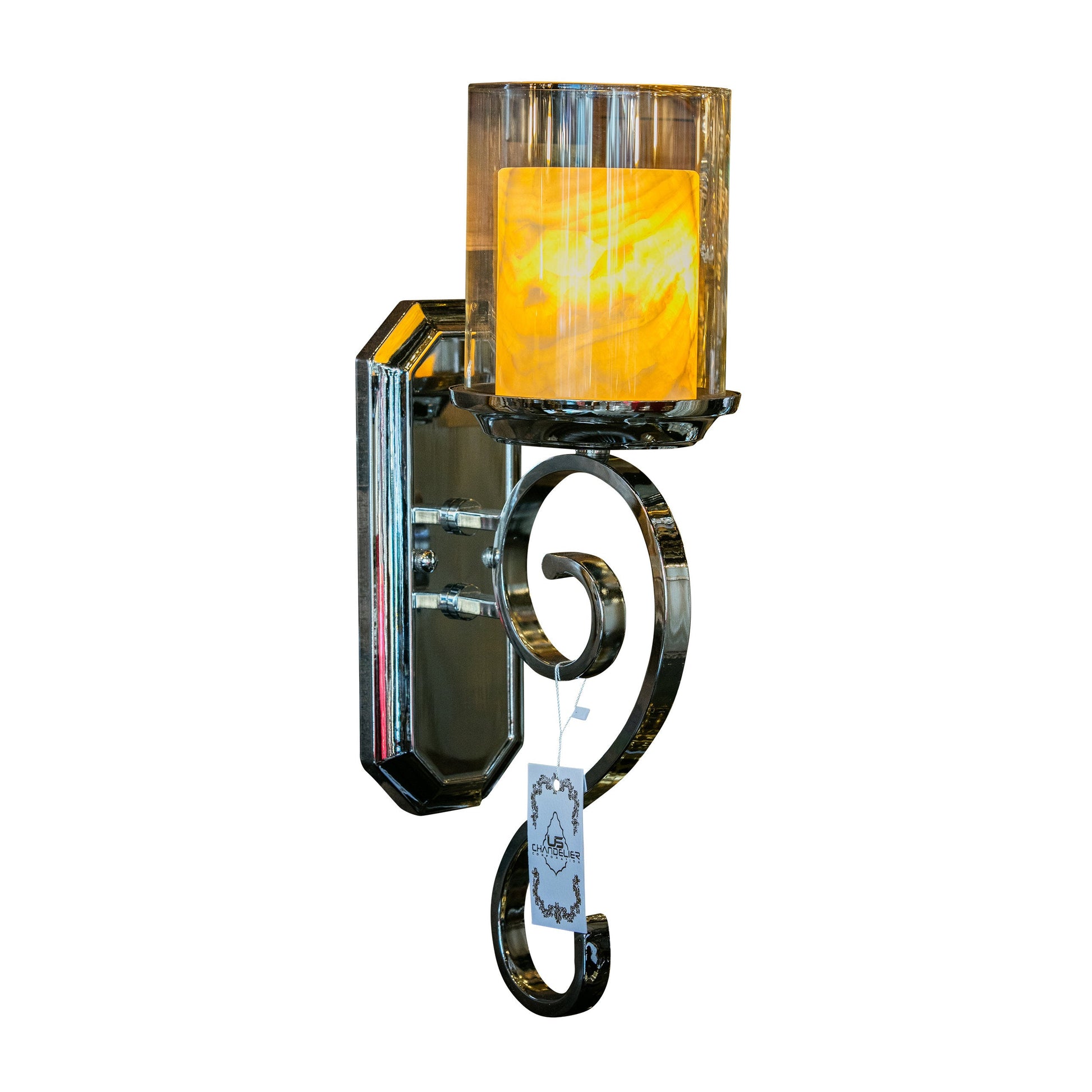 A modern chrome wall sconce with a curved metal frame, featuring a marble stone diffuser and a clear glass shade.