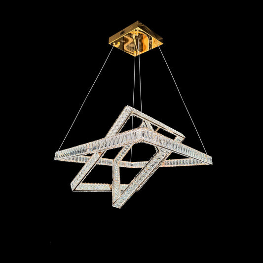 Modern 3-tier luxury gold crystal chandelier with LED lighting on a black background.
