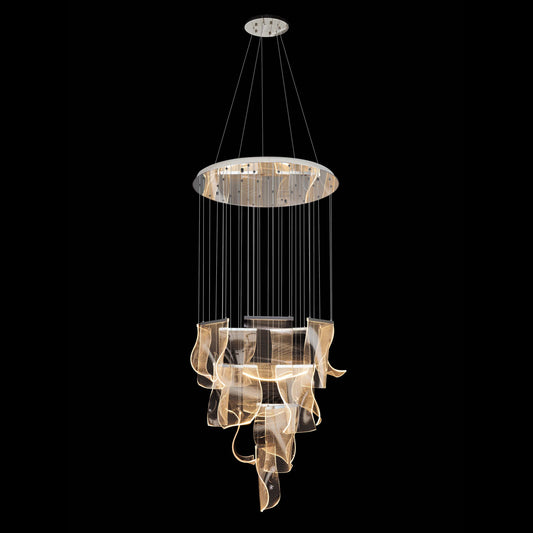 Luxury modern chrome LED chandelier with cascading wave panels and remote control, elegant lighting for foyers and staircases.