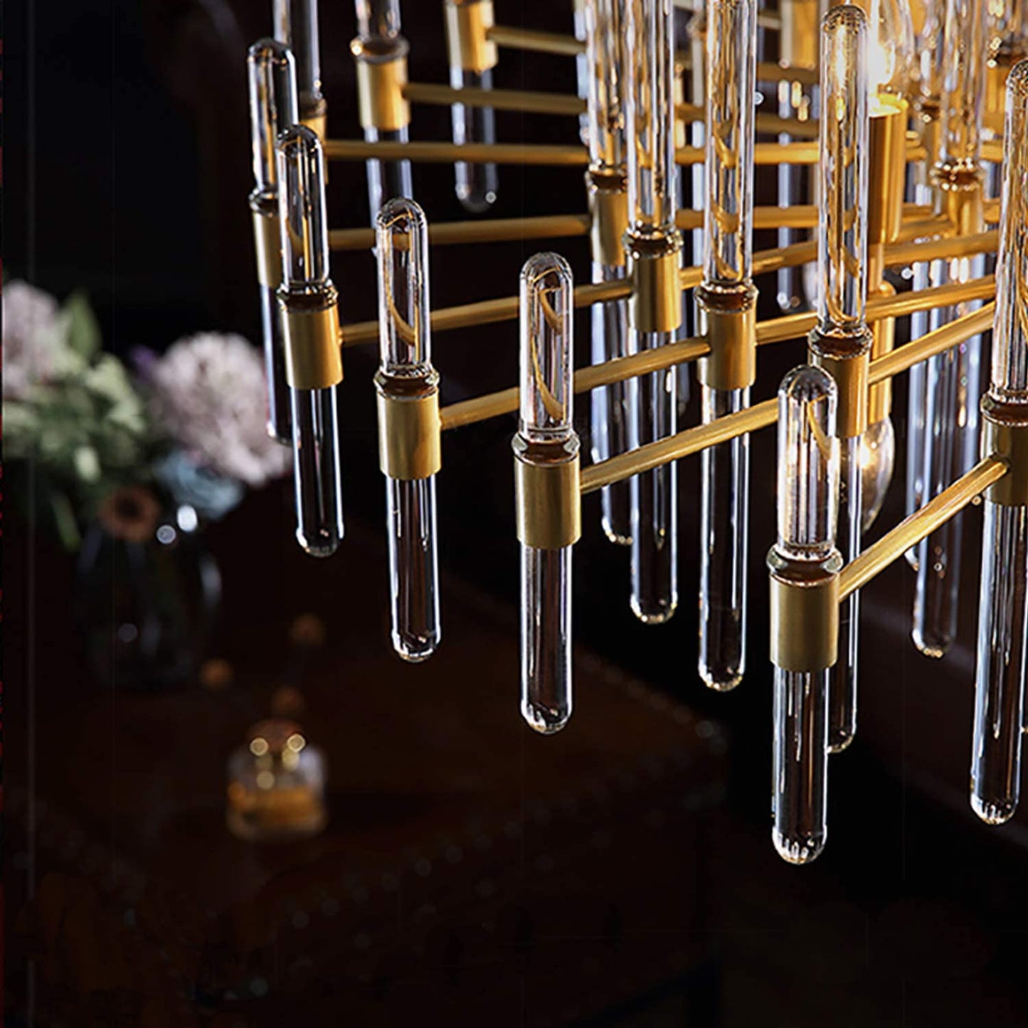 Close-up brass finish with clear glass rods luxury lighting