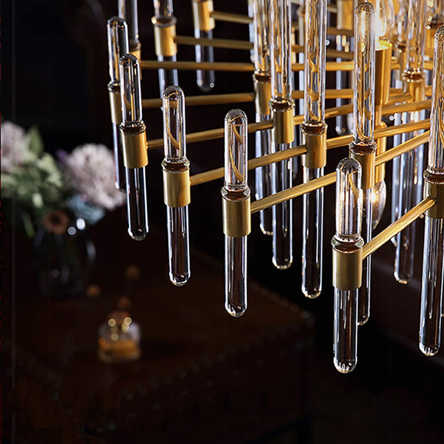 Close-up brass finish with clear glass rods luxury lighting