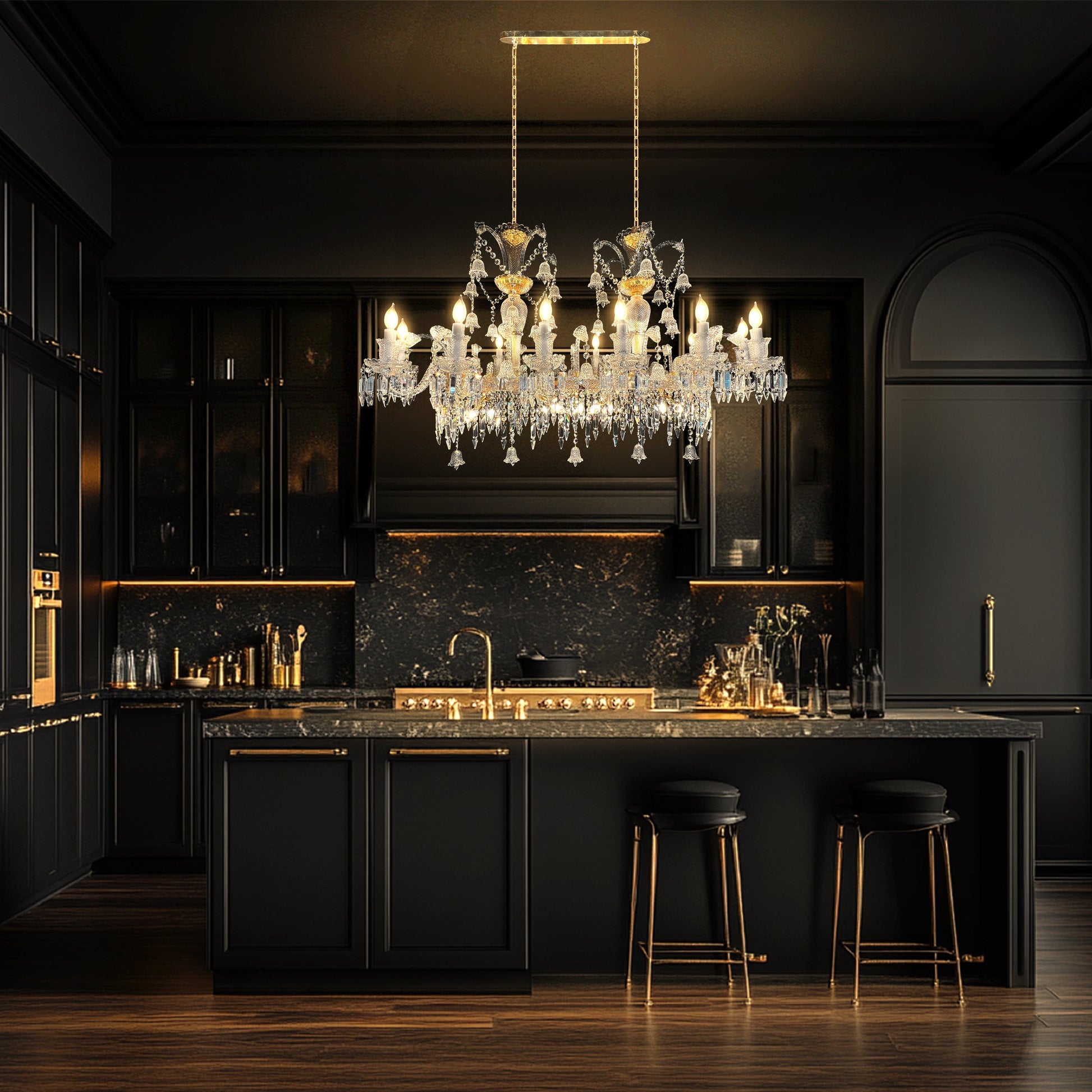 Elegant gold Baccarat inspired chandelier hanging above a luxury dining table, handcrafted glass and precision-cut crystals.
