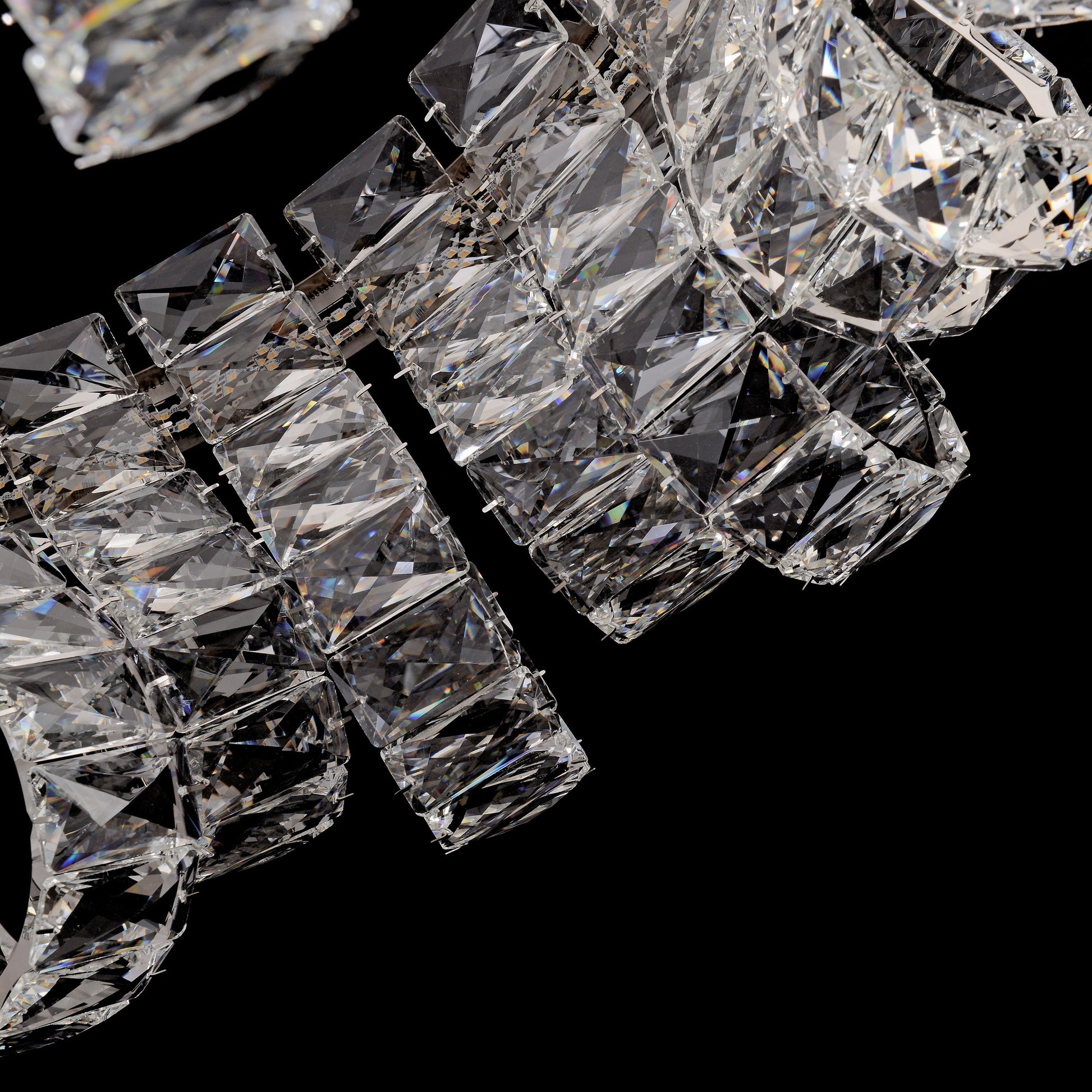 Bottom view of the circular chrome crystal chandelier dimmable adjustable color 