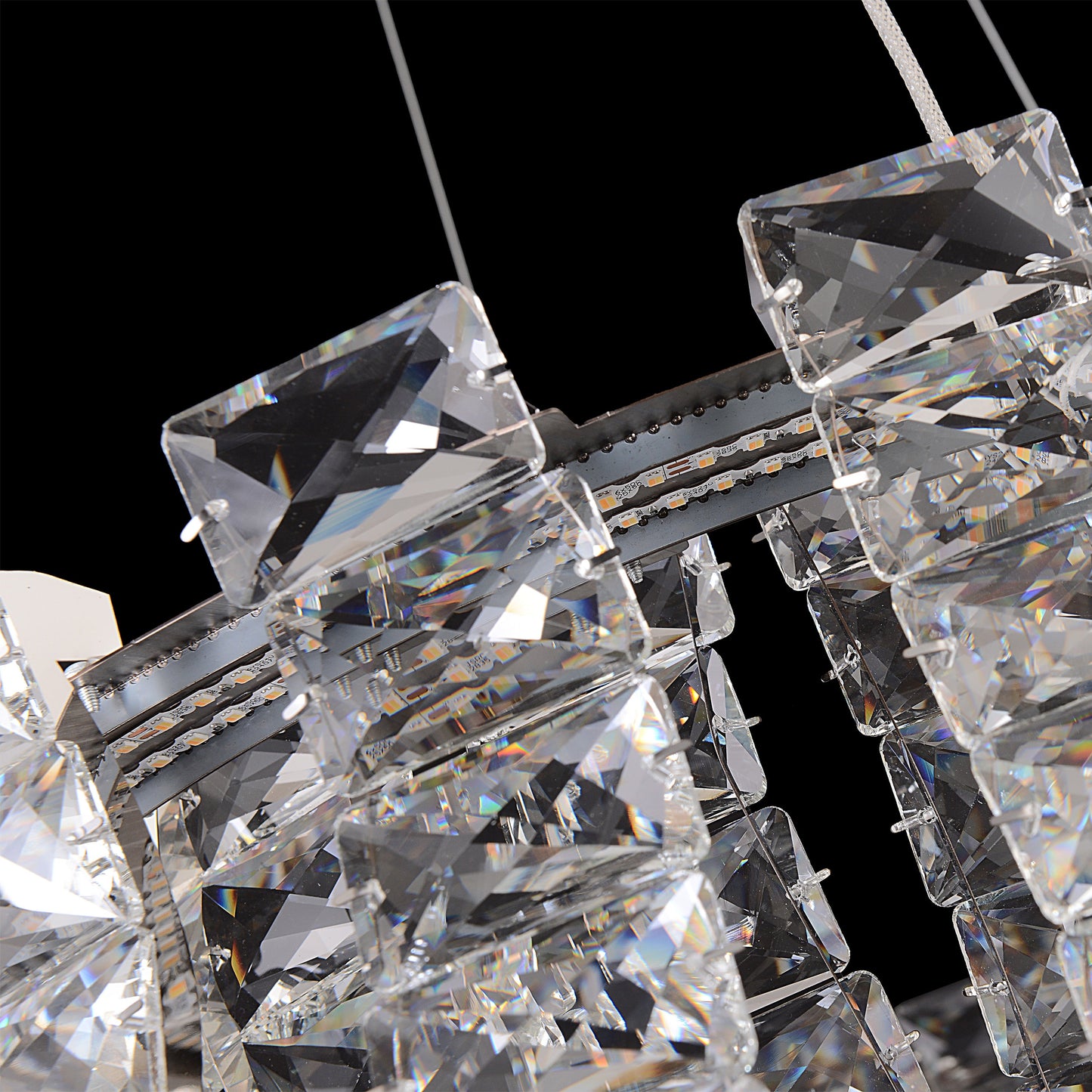 Bottom view of the circular chrome  crystal chandelier showcasing the multi faceted LED crystals.