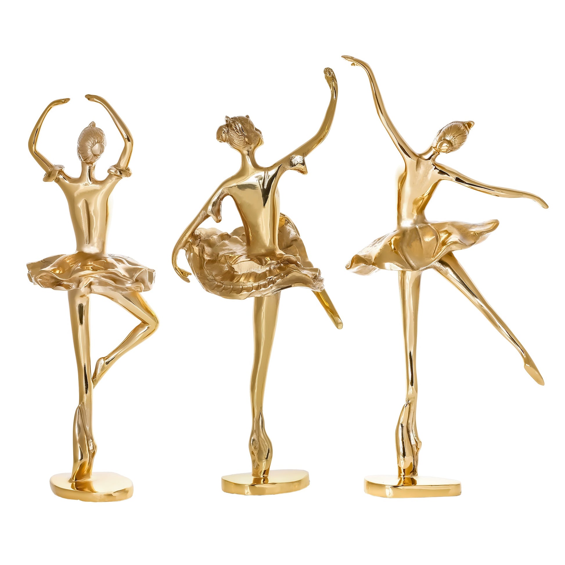 Set of three solid brass ballerina sculptures showcasing graceful back view poses