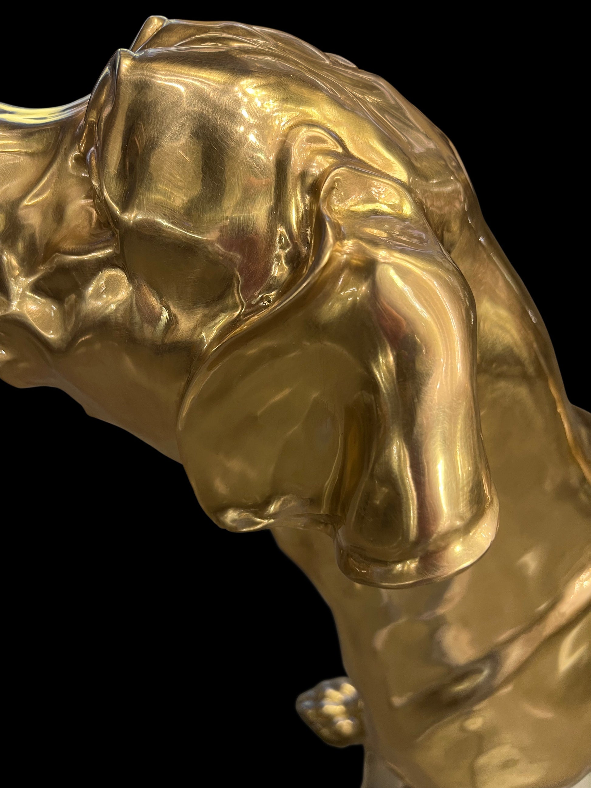 Detailed view of the lifelike head and neck craftsmanship on the handcrafted Italian brass dog.