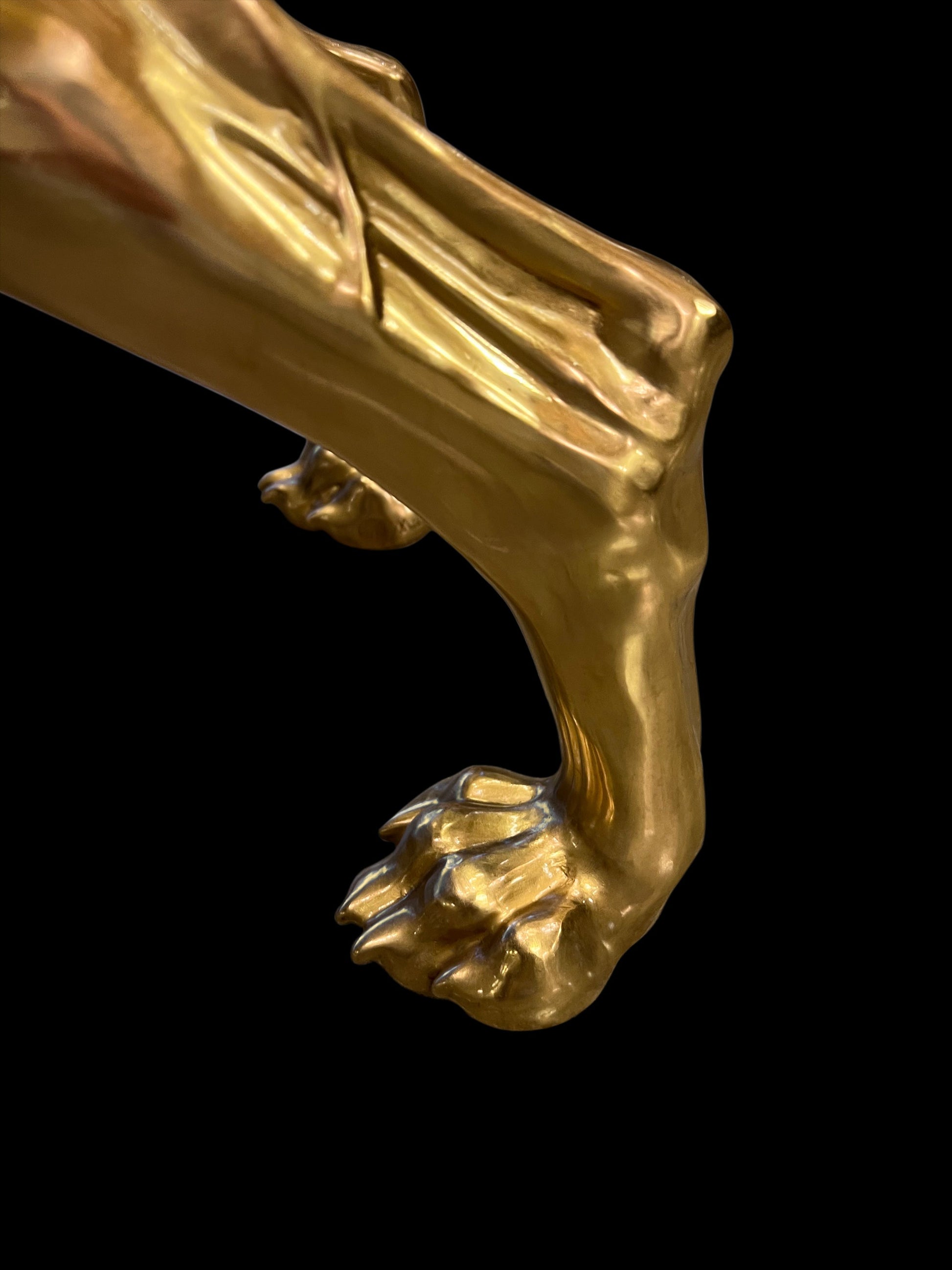 Close-up shot of the detailed brass paw on the handmade Italian Pointer dog sculpture.