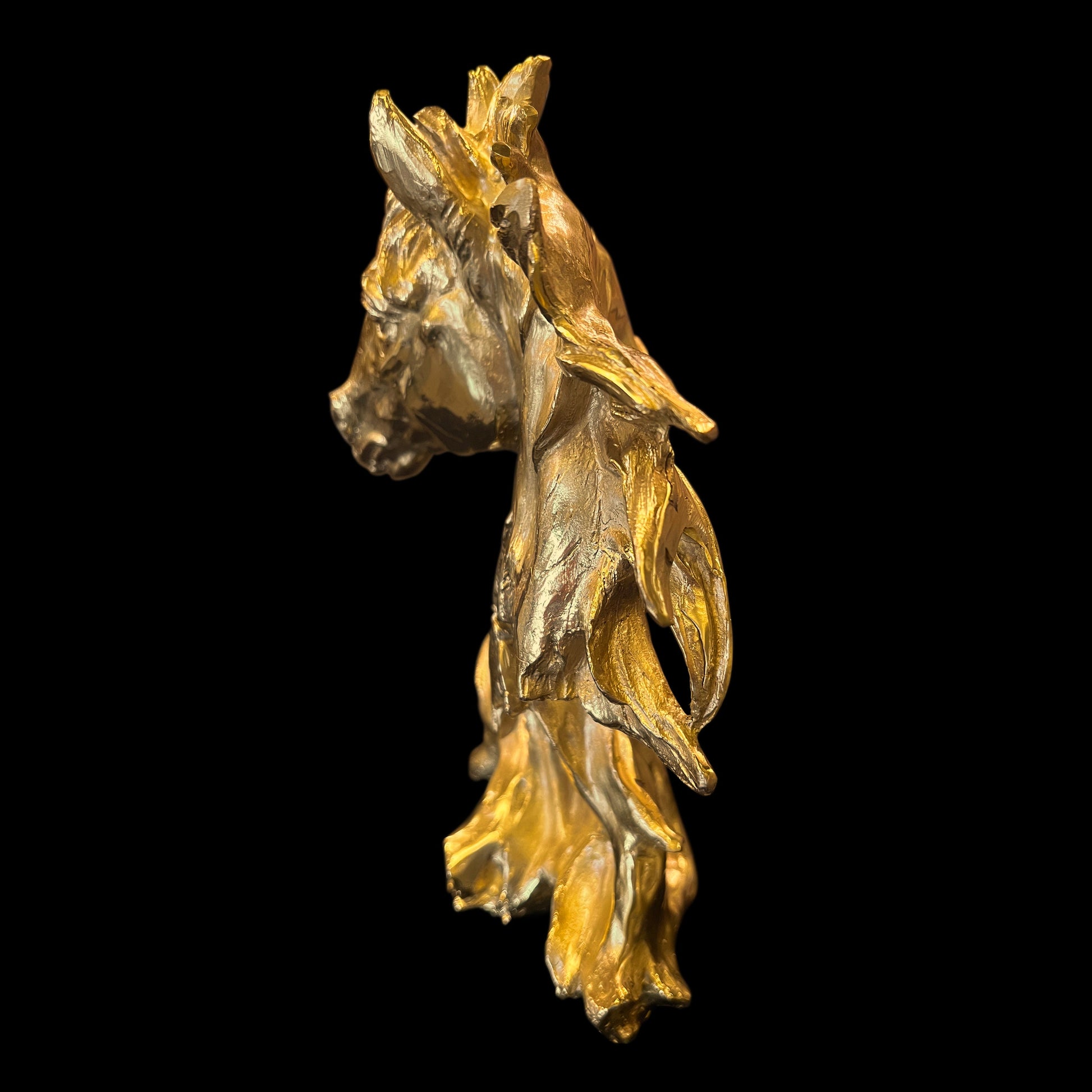 Back view of the solid brass horse head sculpture highlighting the handcrafted mane.