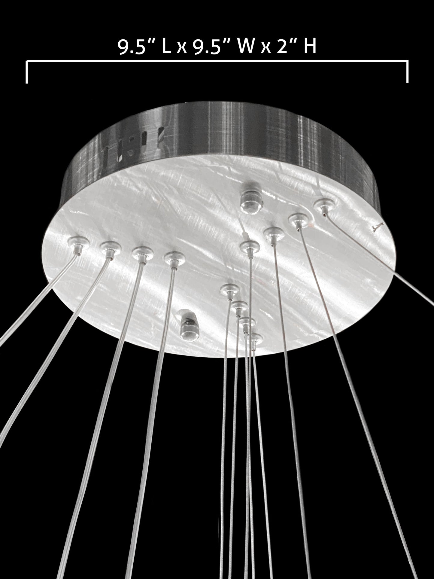 Brushed nickel chandelier canopy detail with suspension cables