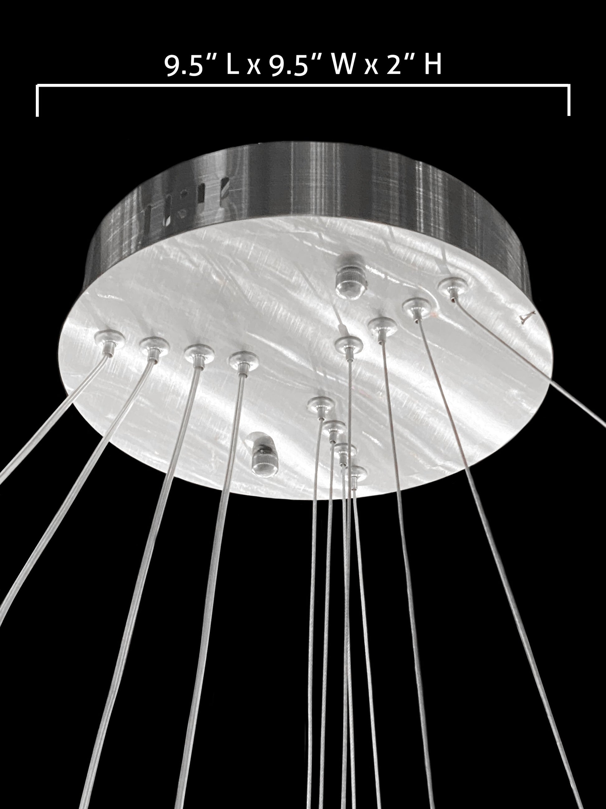 Brushed nickel chandelier canopy detail with suspension cables