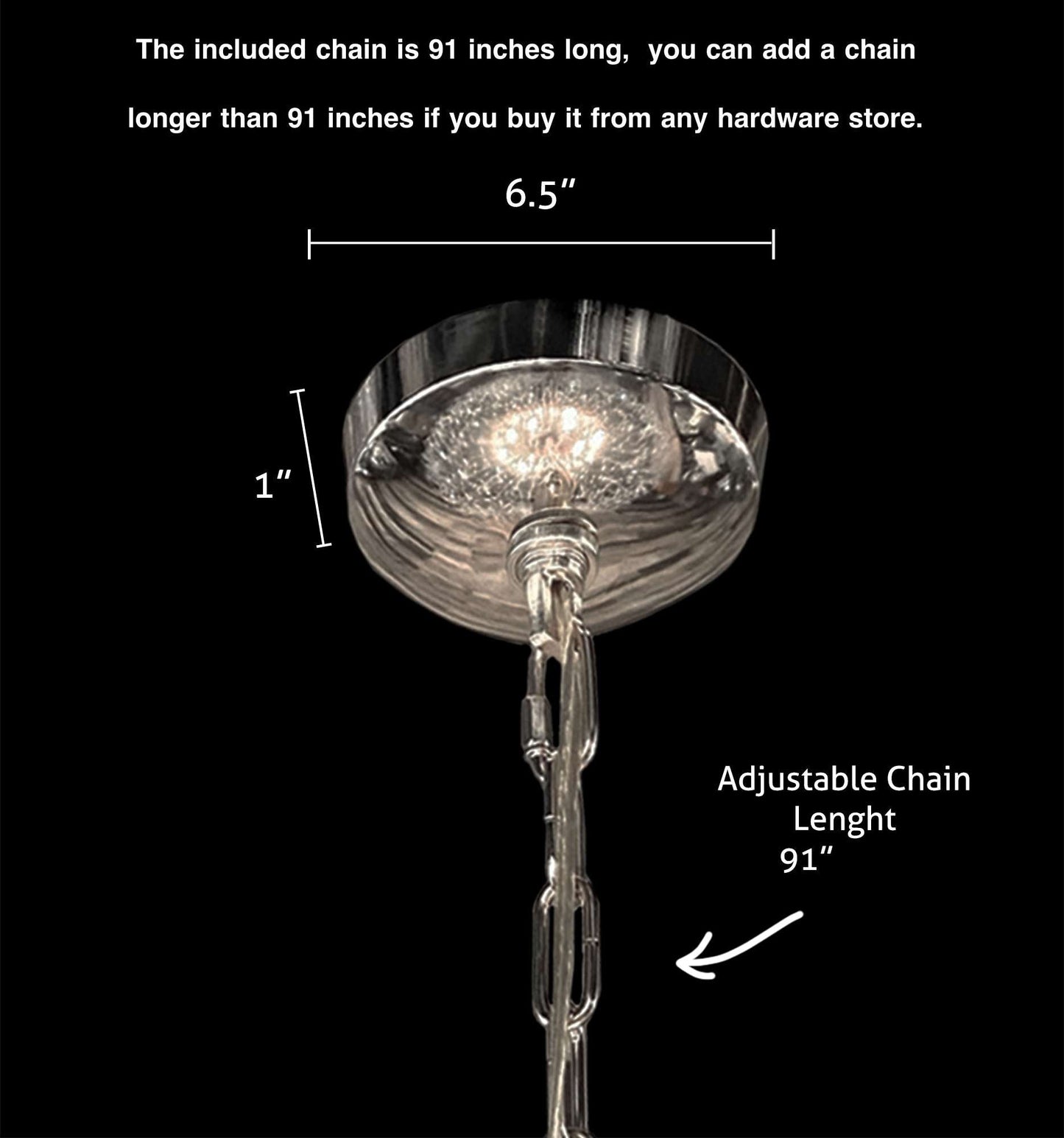 Adjustable chrome chandelier canopy and hanging chain detail