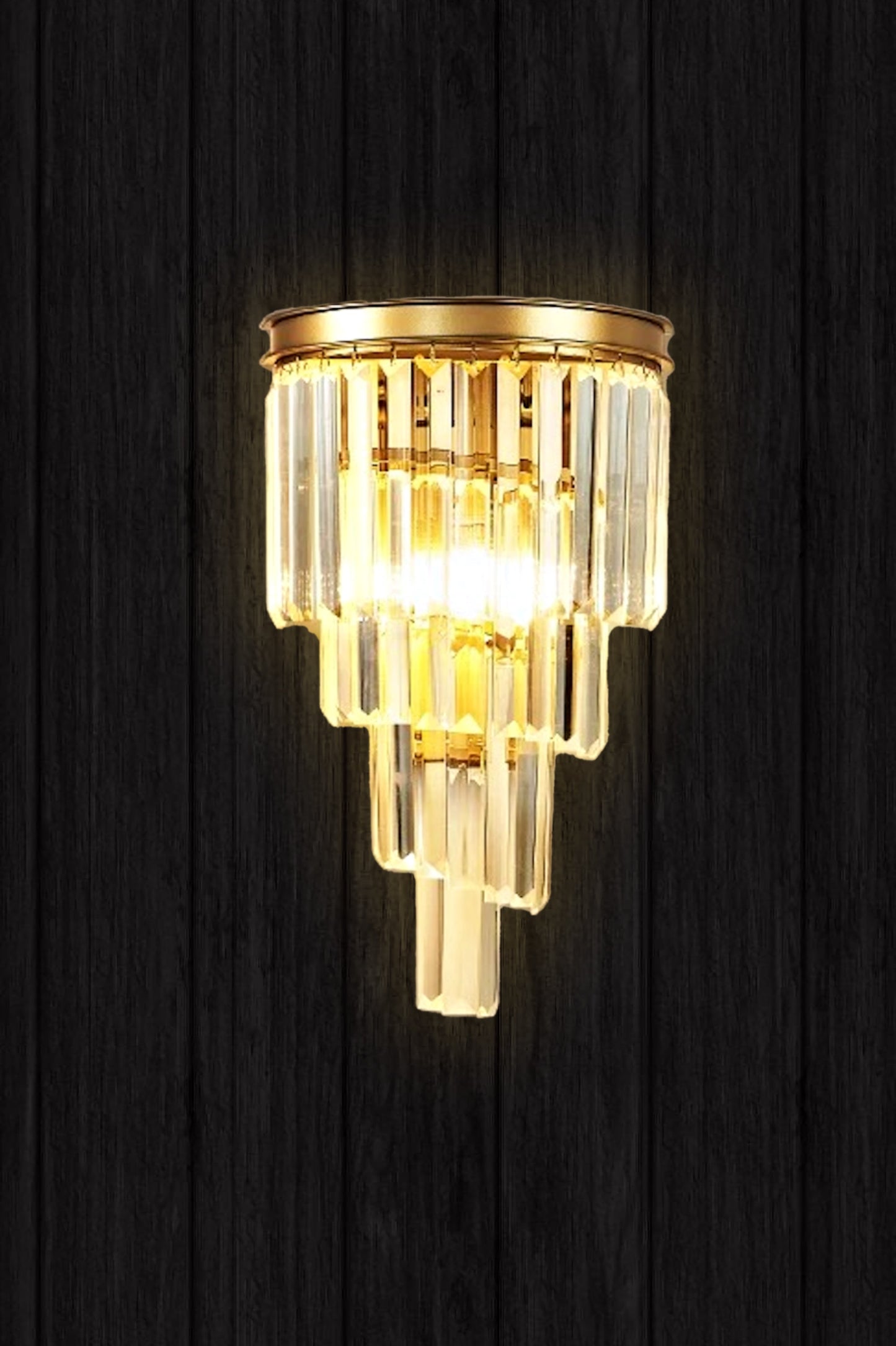 Side angle view of cascading crystal LED wall sconce