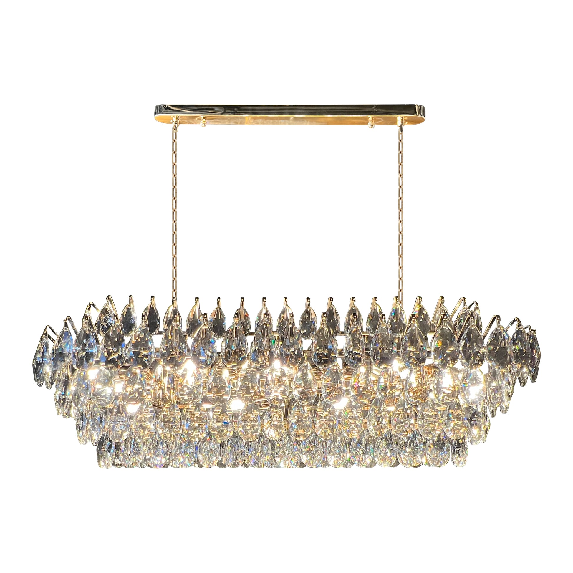 Champagne gold rectangular crystal chandelier featuring teardrop K9 crystals and a polished empire-style linear design on a white background.