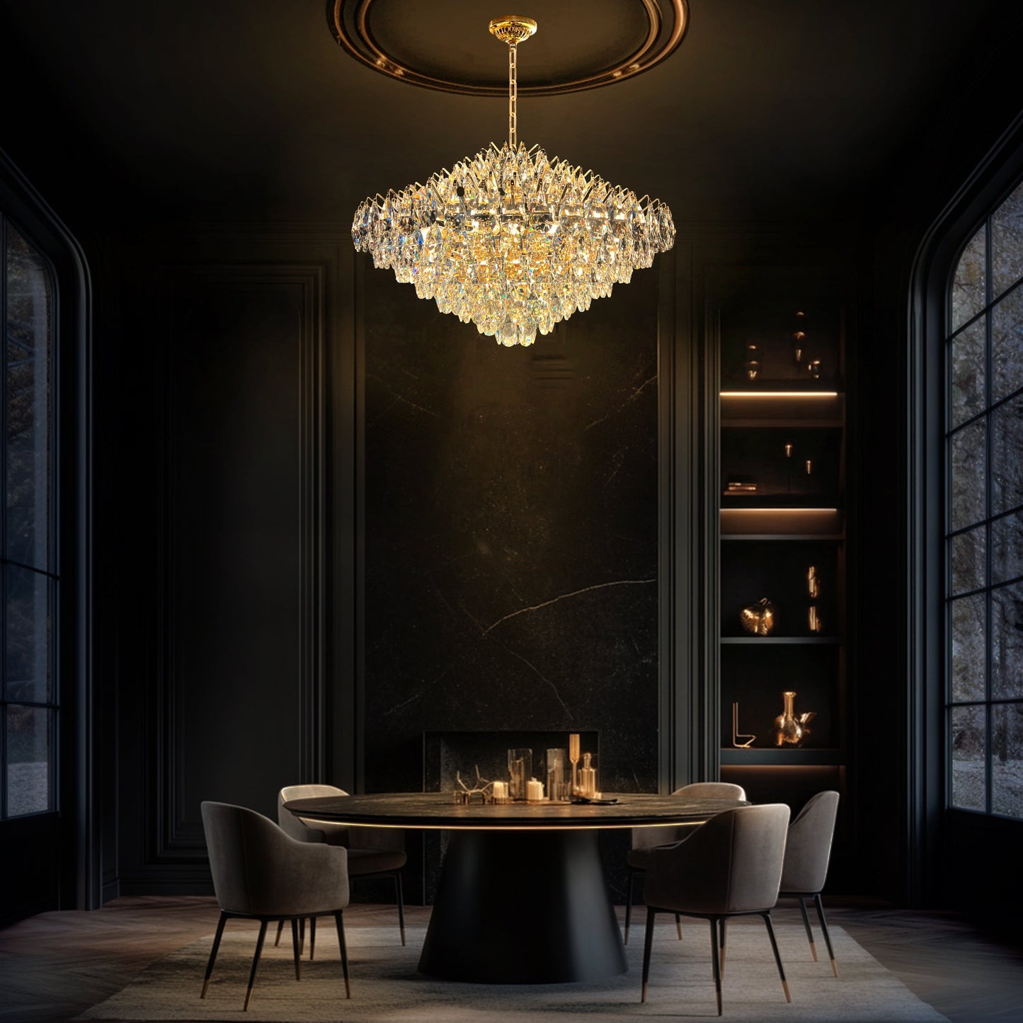 31 inch champagne gold crystal chandelier with teardrop design hanging in a modern dining room.