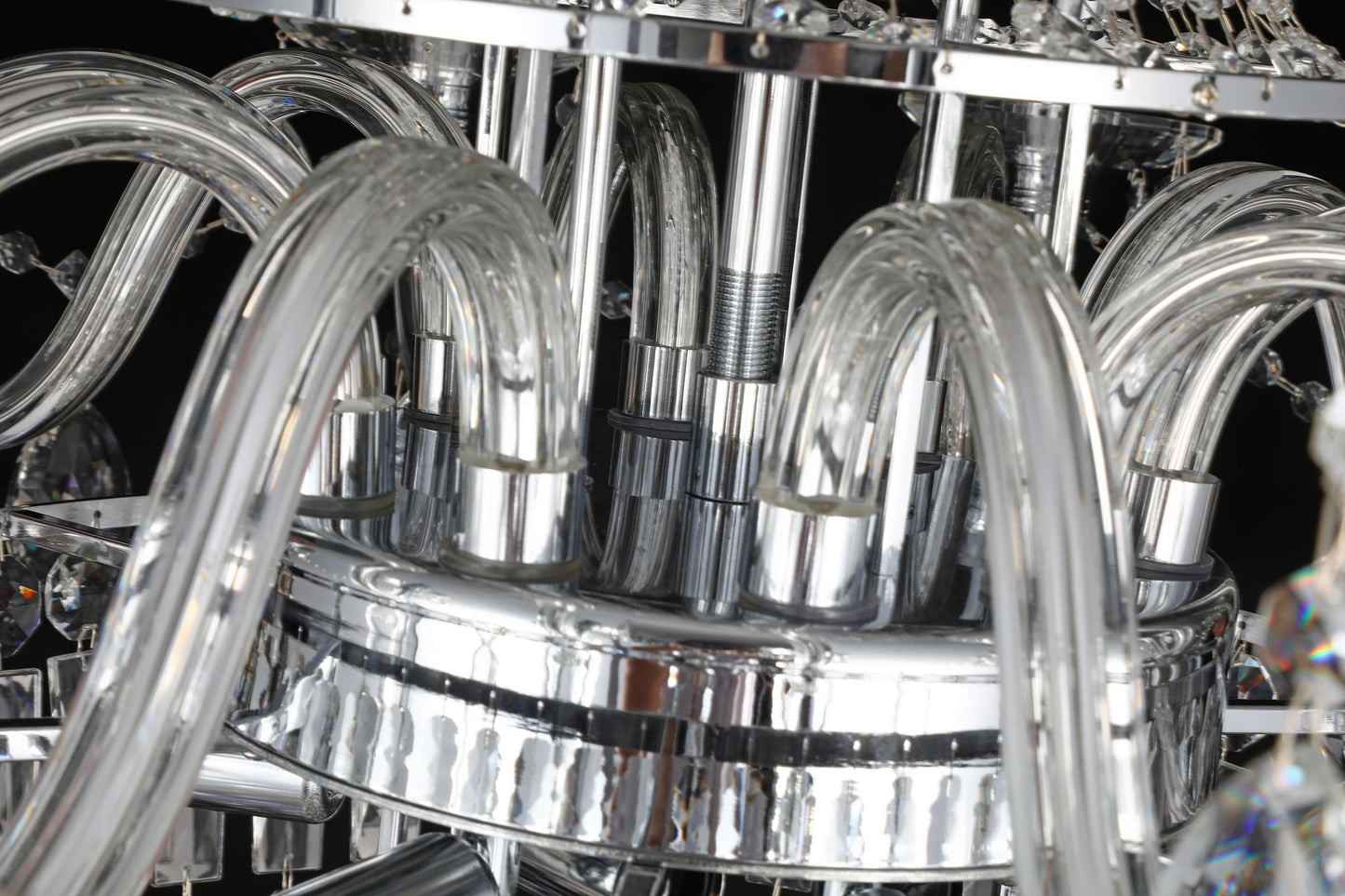 Detailed chrome chandelier arm with sparkling precision-cut crystals and reflective clarity