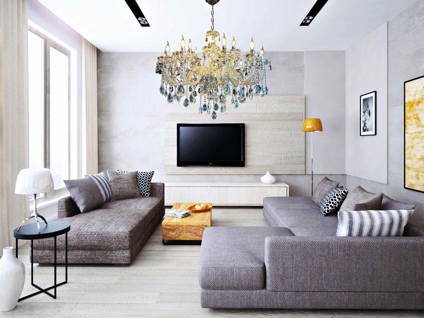 Contemporary living room featuring a chrome crystal chandelier centerpiece.