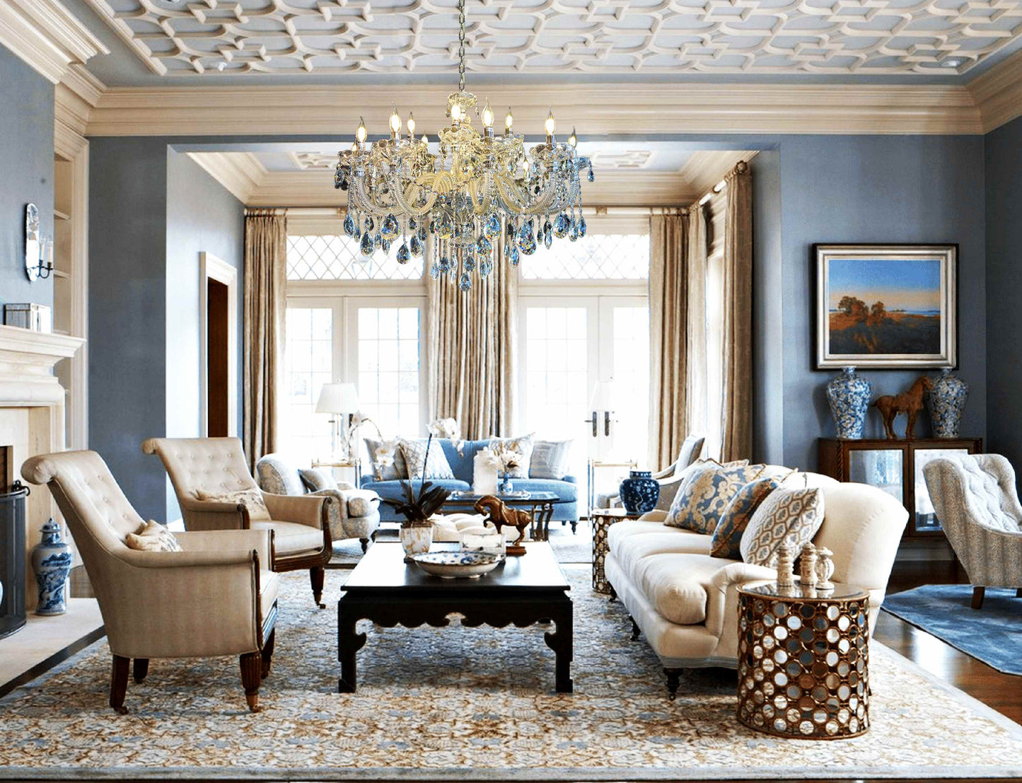 Chrome crystal chandelier styled in an elegant living room interior.
