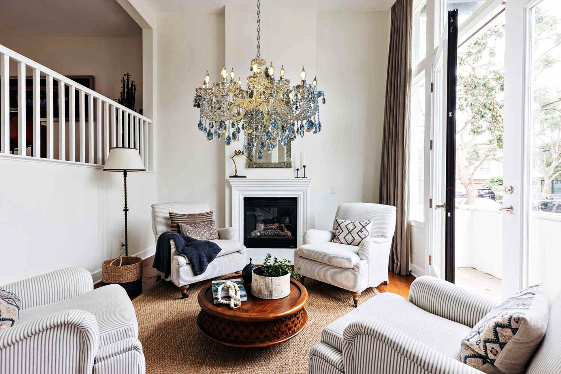 Chrome crystal chandelier enhancing a bright modern home décor setting.