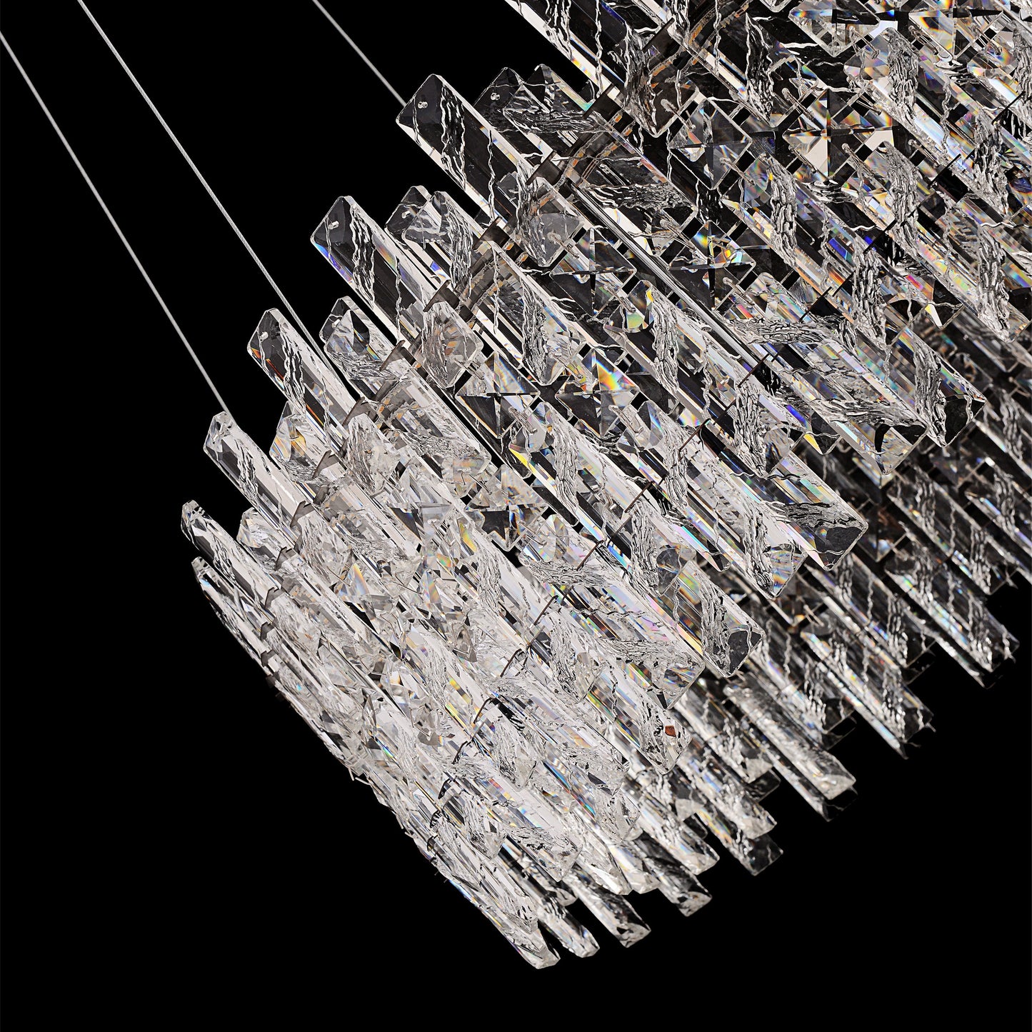 Chrome crystal chandelier detail highlighting reflective sparkle
