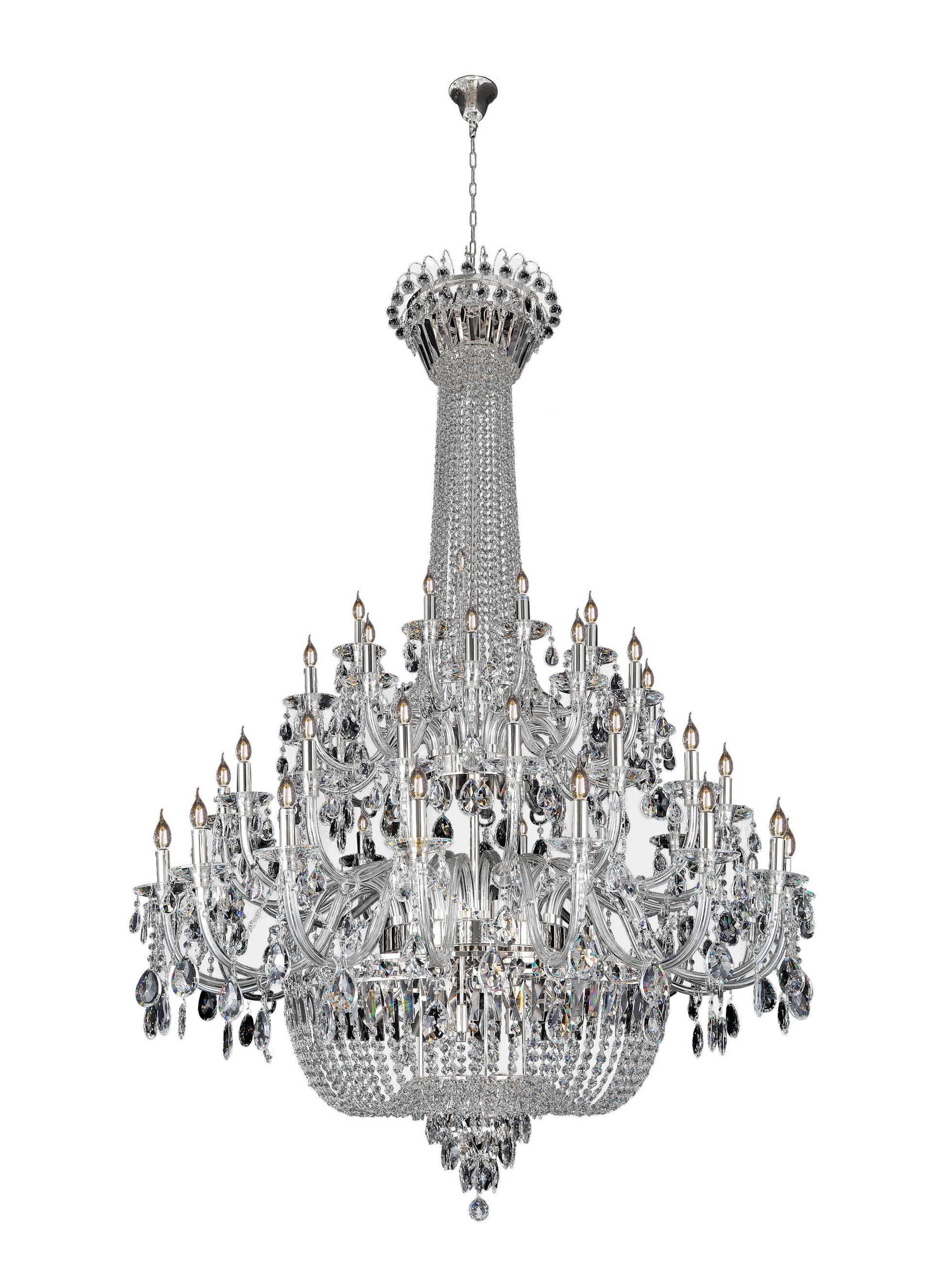 Full view of luxury chrome empire crystal chandelier with tiered crystal arms and elegant symmetry