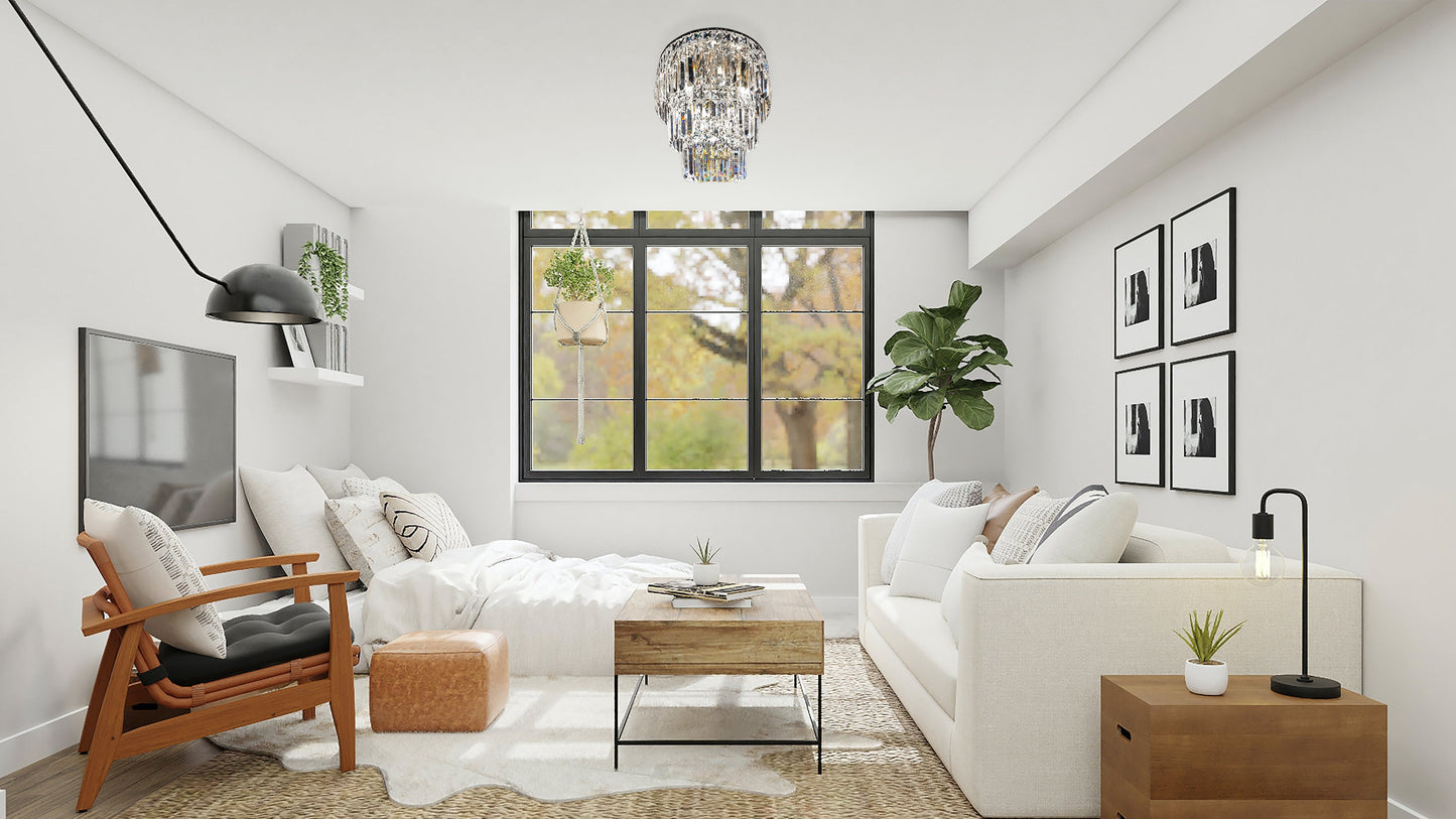 Modern chrome crystal chandelier in bright bedroom interior